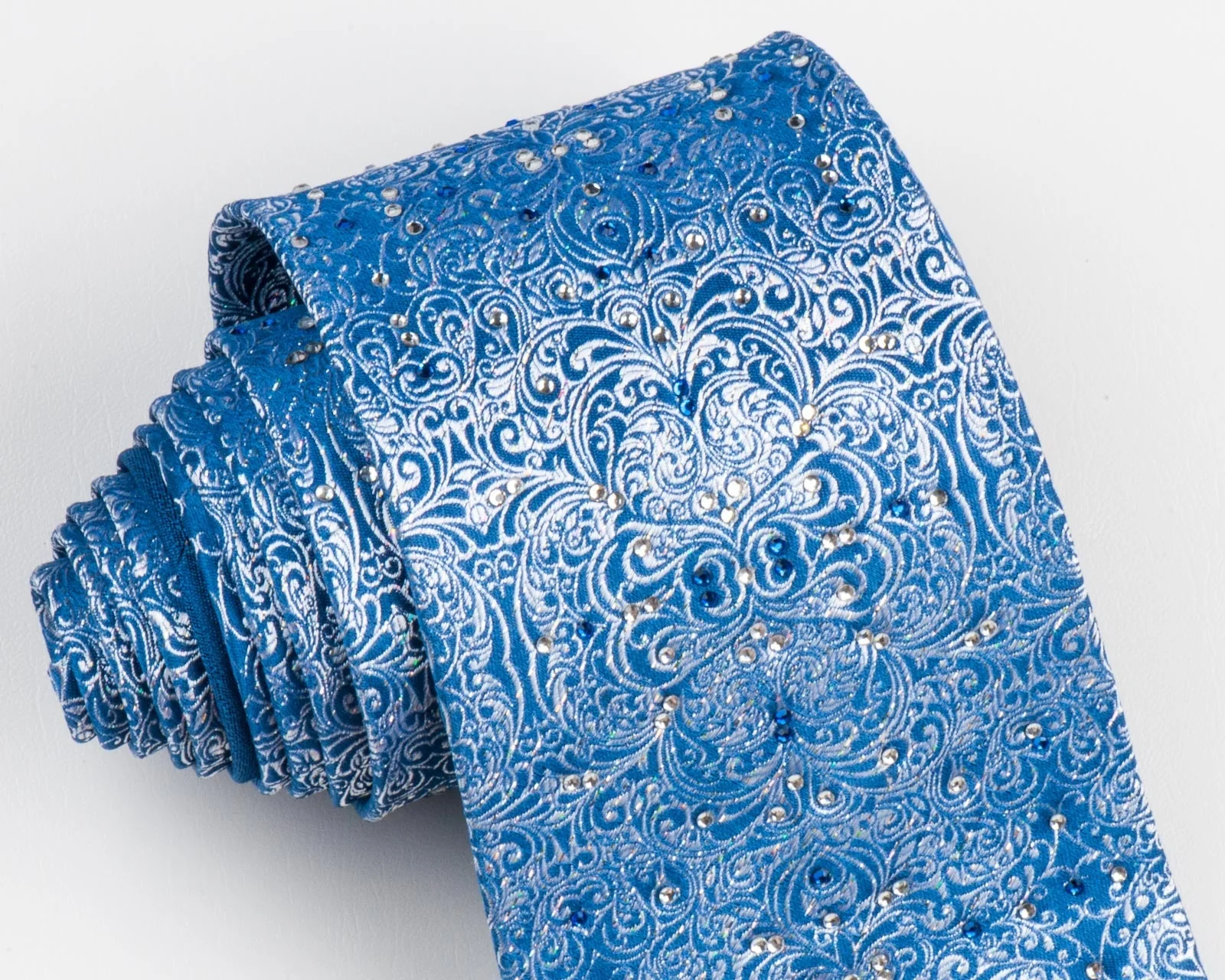 Silver Damask On Blue Rhinestone Silk Tie With Silver Sparkles - Image 2