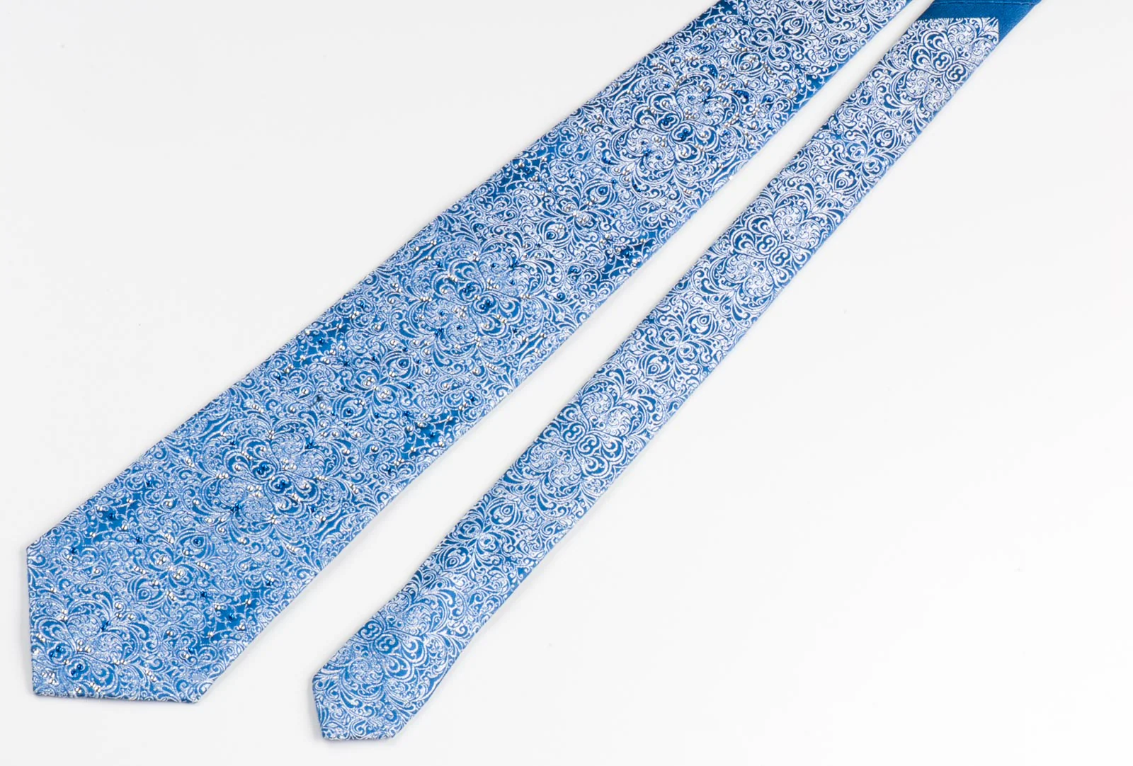Silver Damask On Blue Rhinestone Silk Tie With Silver Sparkles - Image 3