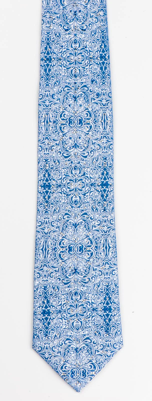 Silver Damask On Blue Rhinestone Silk Tie With Silver Sparkles - Image 4