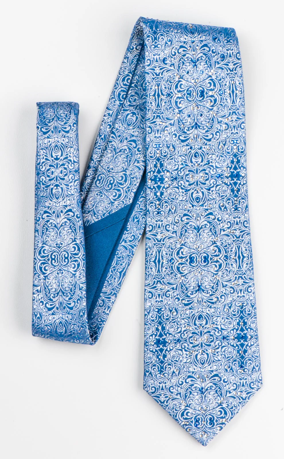 Silver Damask On Blue Rhinestone Silk Tie With Silver Sparkles - Image 5