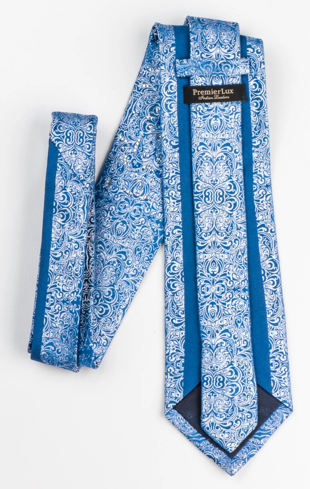 Silver Damask On Blue Rhinestone Silk Tie With Silver Sparkles - Image 6