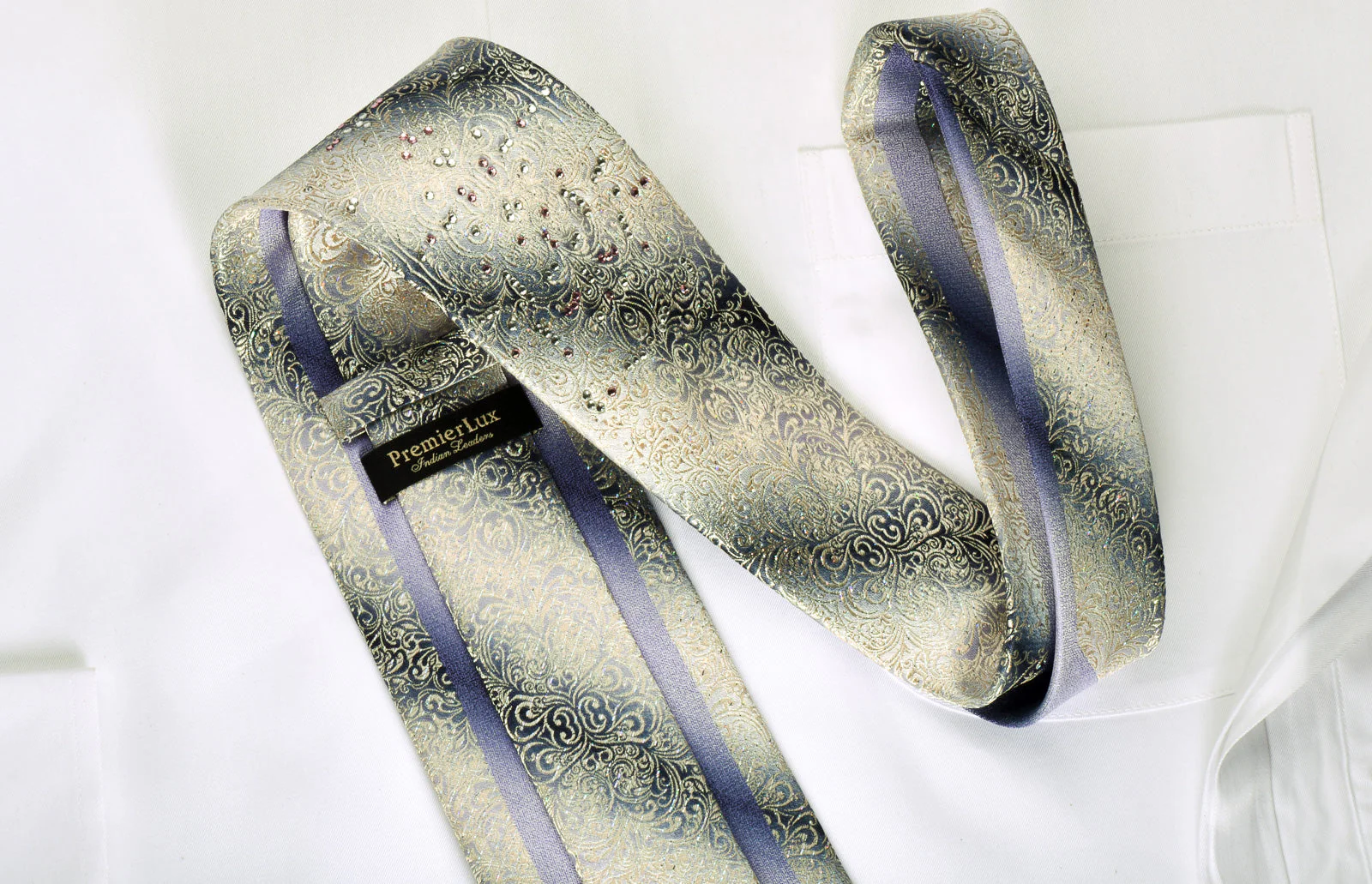 Premierlux Rhinestone Silk Necktie Silver Damask On Graduating Silver With Sparkles - Image 3