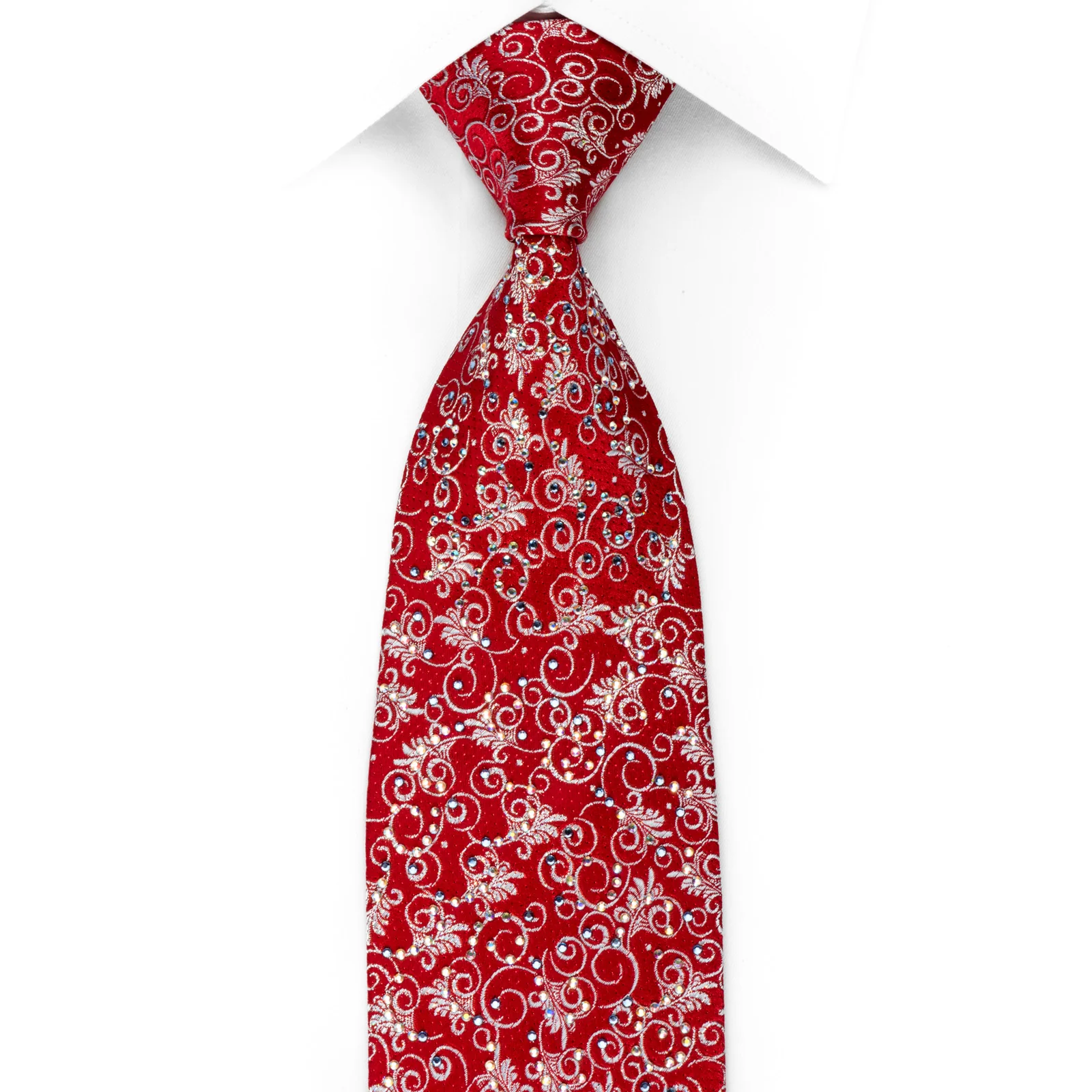Premierlux Rhinestone Silk Necktie Silver Filigree On Red With Red Sparkles