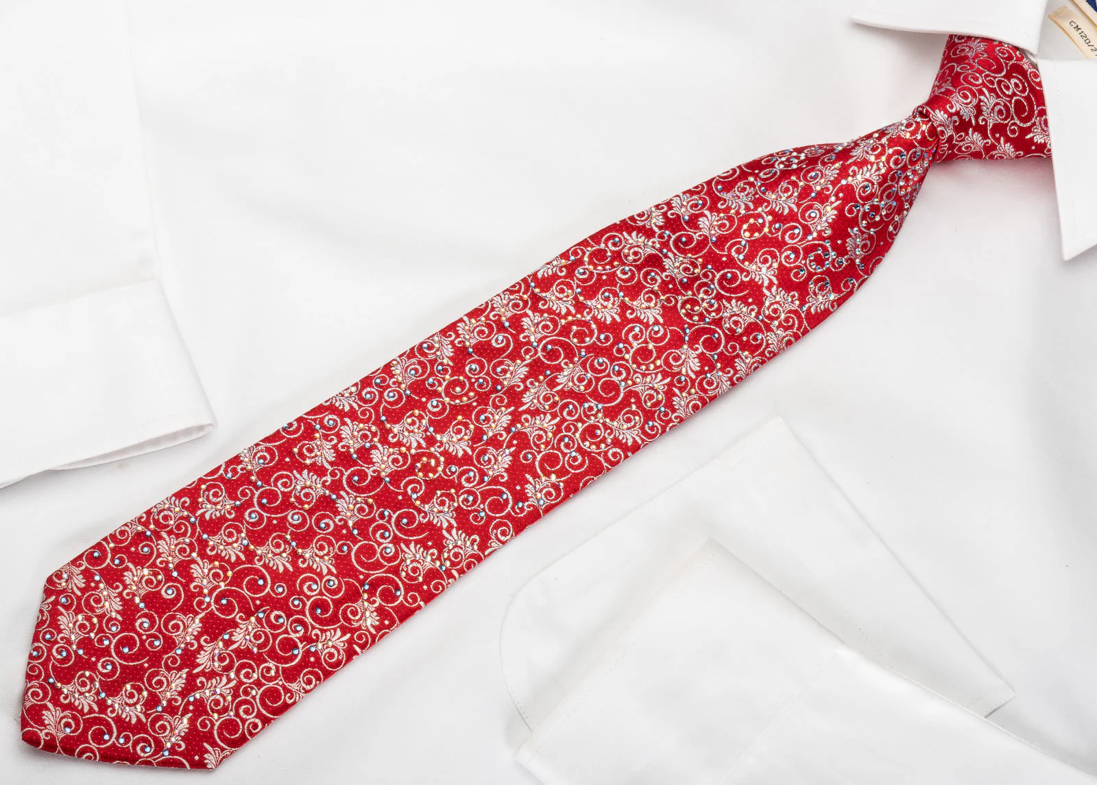 Premierlux Rhinestone Silk Necktie Silver Filigree On Red With Red Sparkles - Image 3