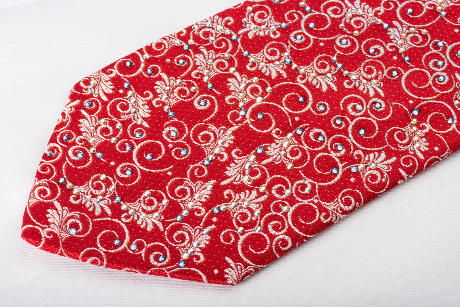 Premierlux Rhinestone Silk Necktie Silver Filigree On Red With Red Sparkles - Image 4