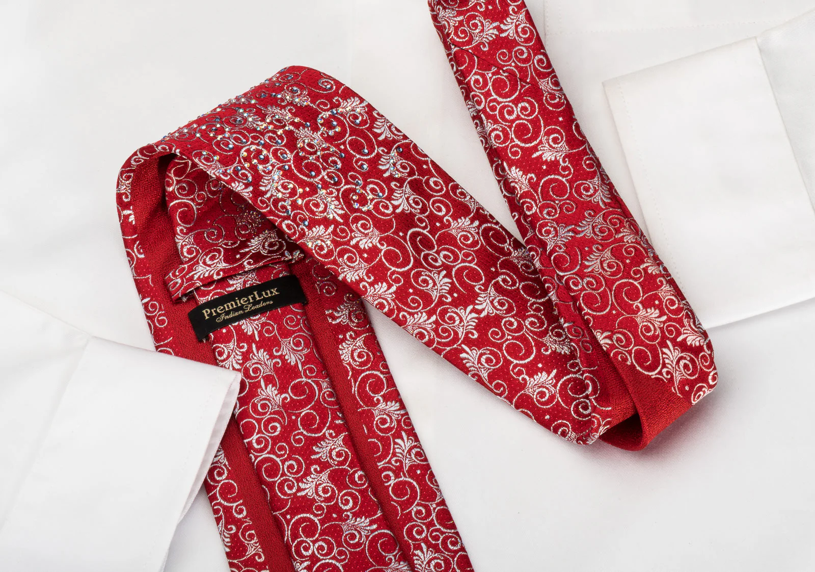 Premierlux Rhinestone Silk Necktie Silver Filigree On Red With Red Sparkles - Image 5