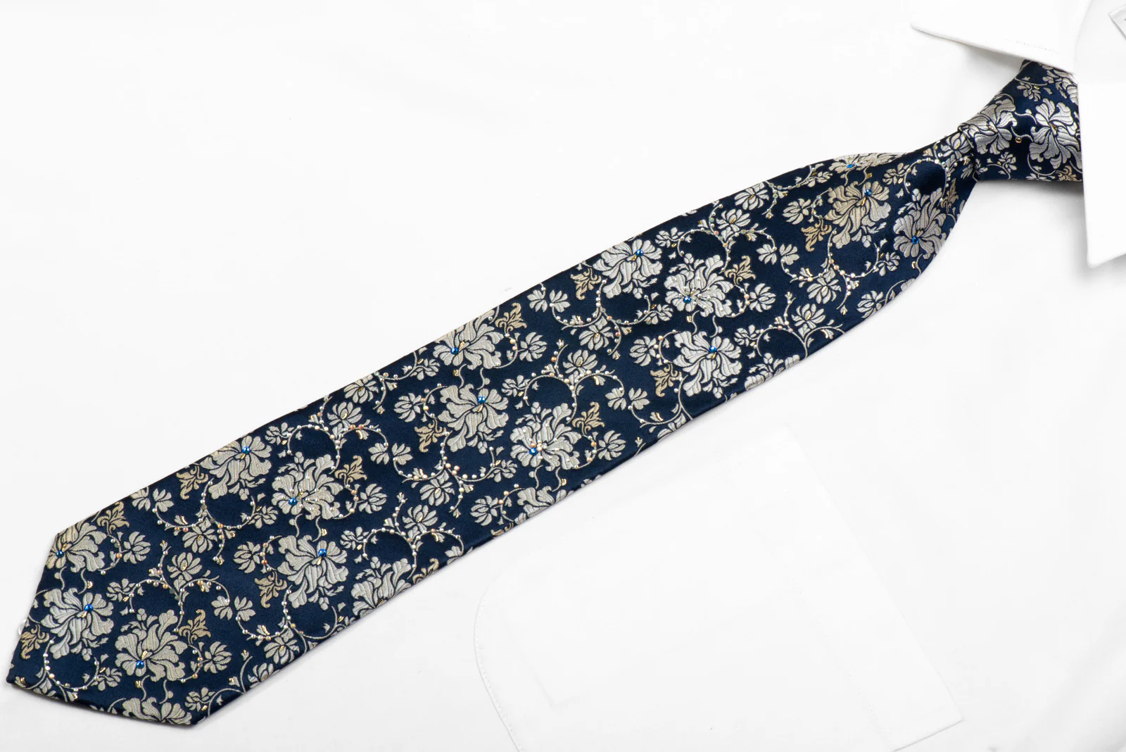 Premierlux Rhinestone Silk Necktie Silver Floral On Navy With Sparkles - Image 3