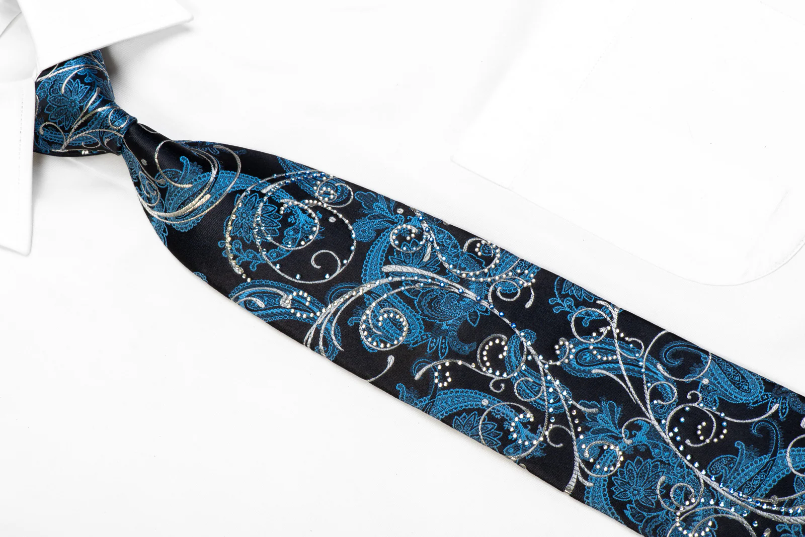 Premierlux Rhinestone Silk Necktie Silver Scrolls Blue Paisley On Navy - Image 2