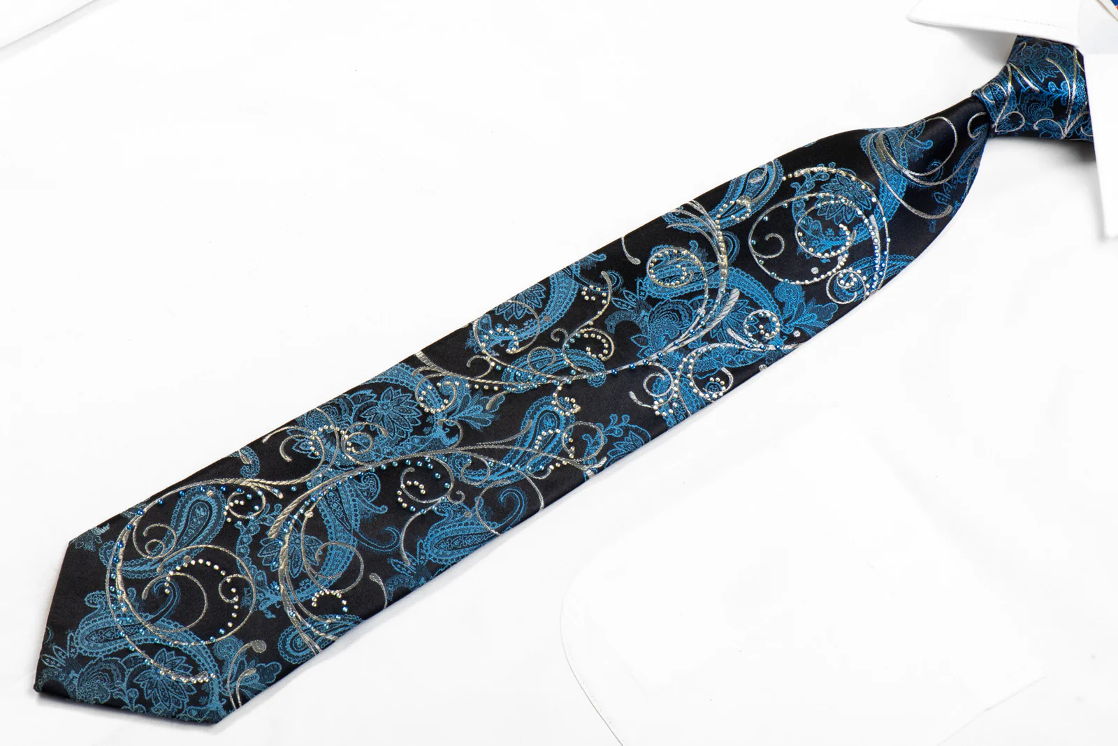 Premierlux Rhinestone Silk Necktie Silver Scrolls Blue Paisley On Navy - Image 3