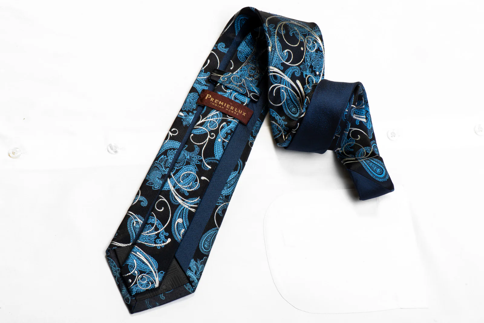 Premierlux Rhinestone Silk Necktie Silver Scrolls Blue Paisley On Navy - Image 5