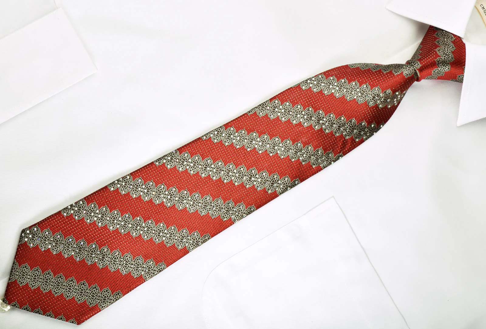 Premierlux Rhinestone Silk Necktie Silver Stripes On Burgundy With Gold Sparkles - Image 3