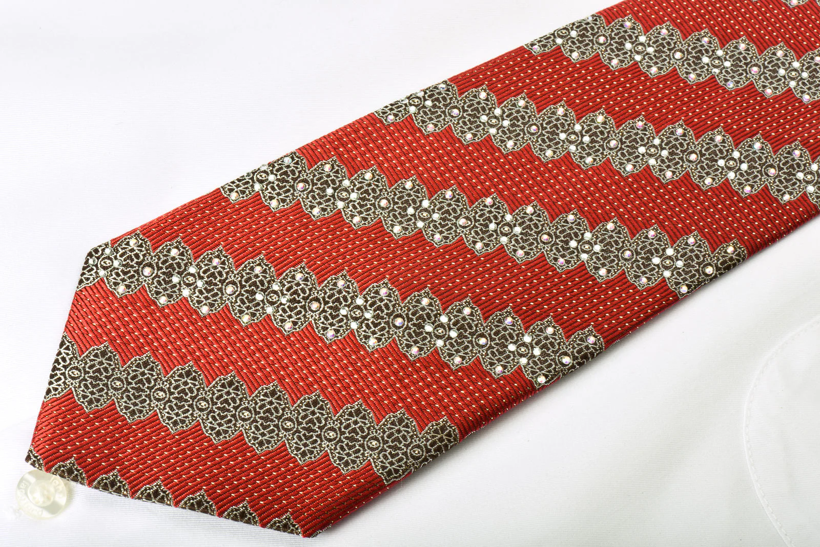 Premierlux Rhinestone Silk Necktie Silver Stripes On Burgundy With Gold Sparkles - Image 6