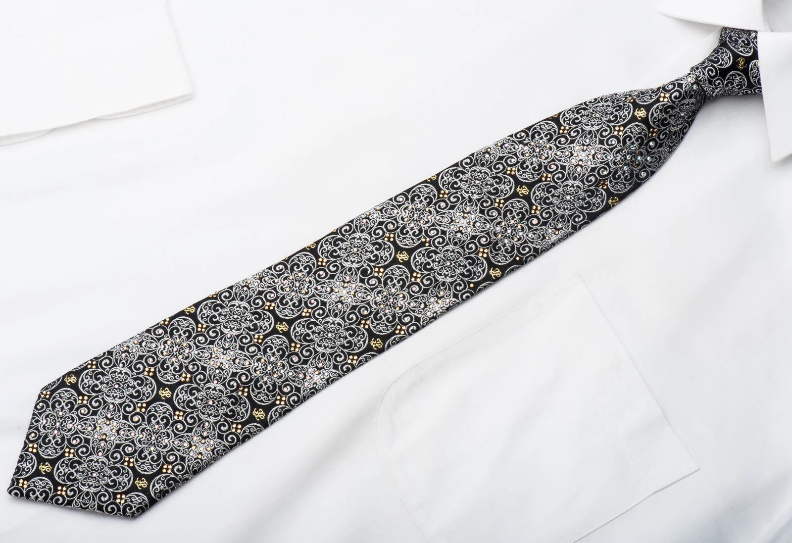 Silver Filigree On Black With Sparkling Rhinestones Silk Necktie - Image 3