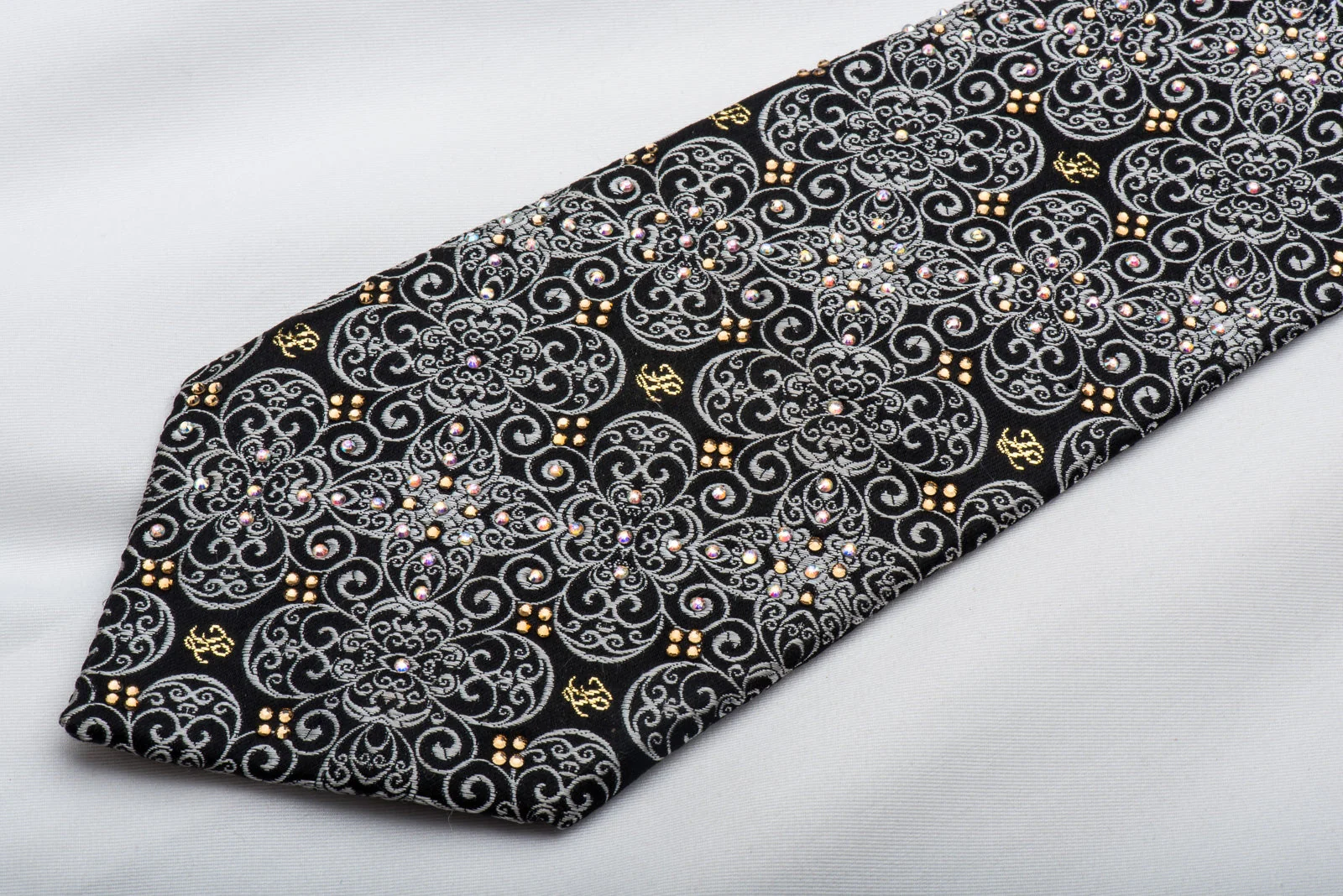 Silver Filigree On Black With Sparkling Rhinestones Silk Necktie - Image 4