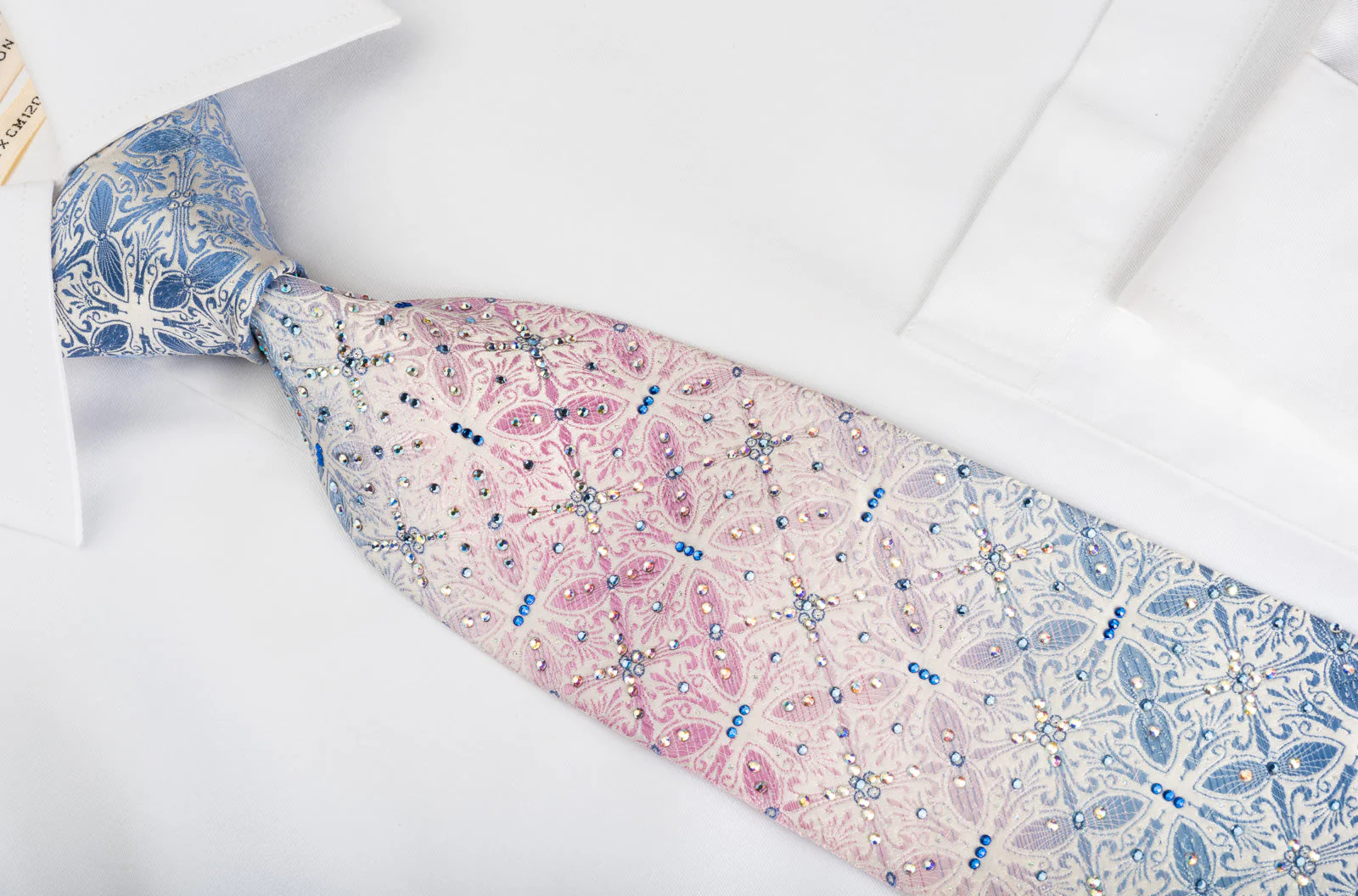 Silk Rhinestone Tie Blue Pink Anthemion On White With Sparkles - Image 2