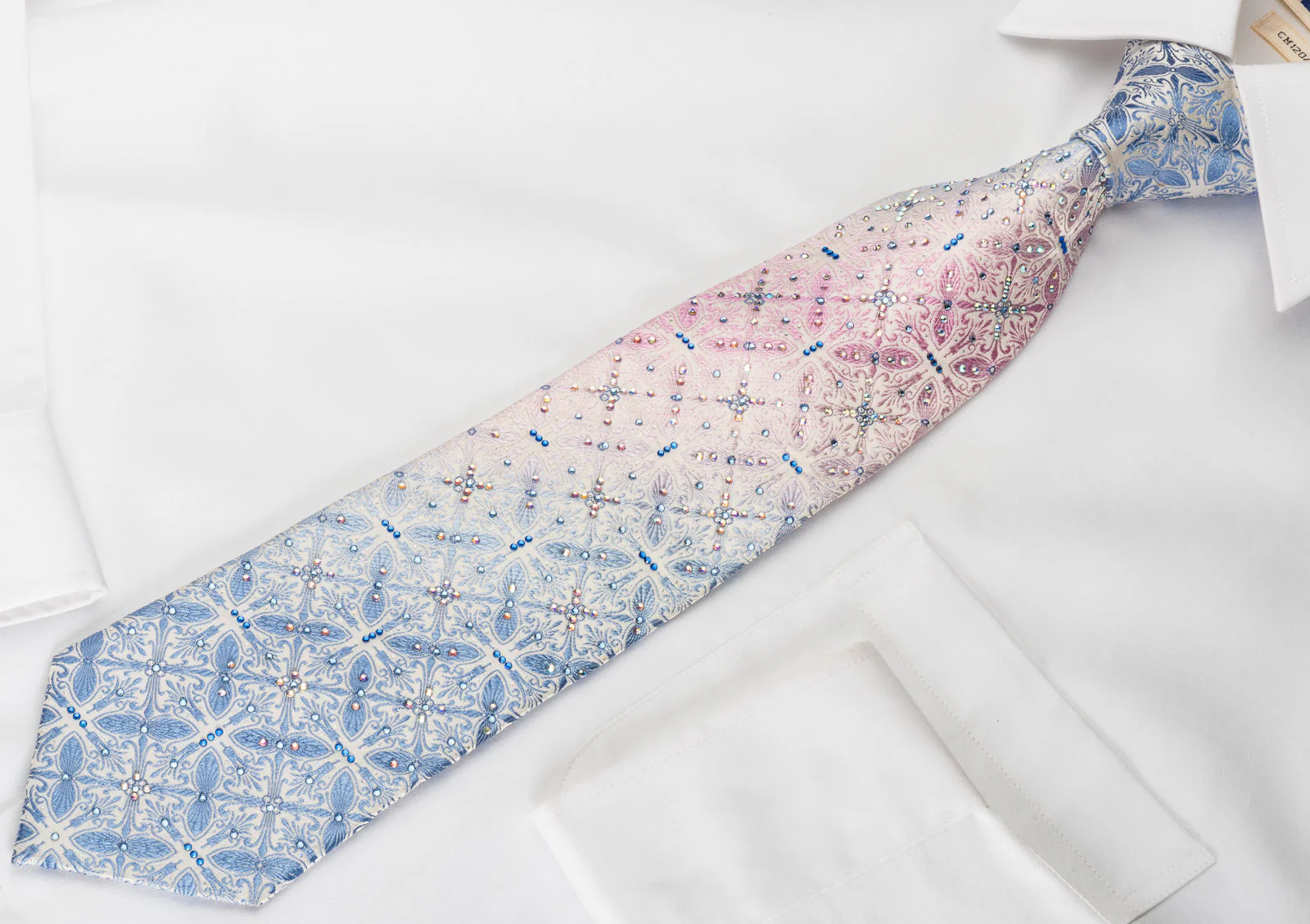 Silk Rhinestone Tie Blue Pink Anthemion On White With Sparkles - Image 4
