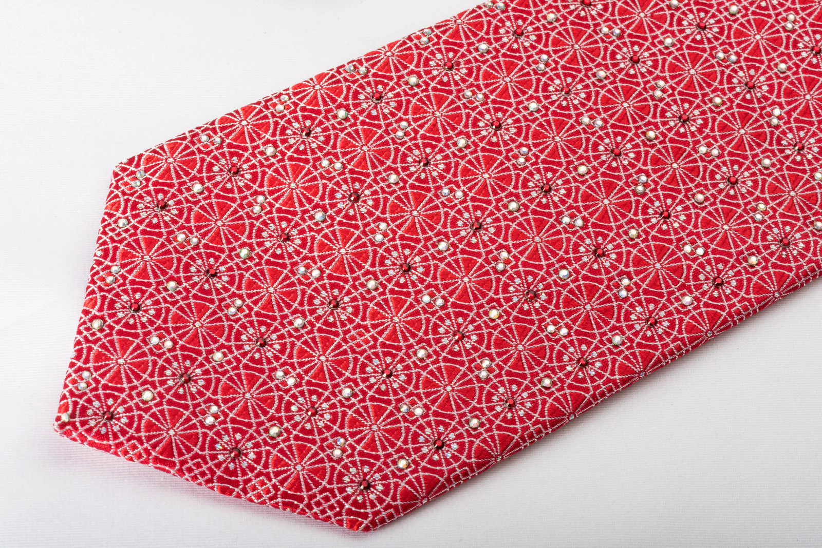 Silk Rhinestone Tie Silver Arabesque On Red With Sparkles - Image 7