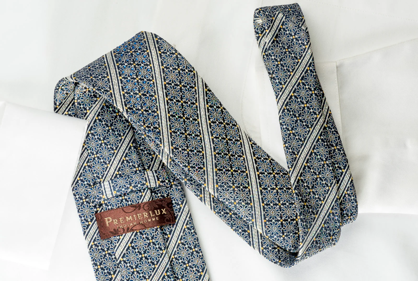 Premierlux Silk Rhinestone Tie Silver Stripes & Floral On Navy Blue With Silver Sparkles - Image 4