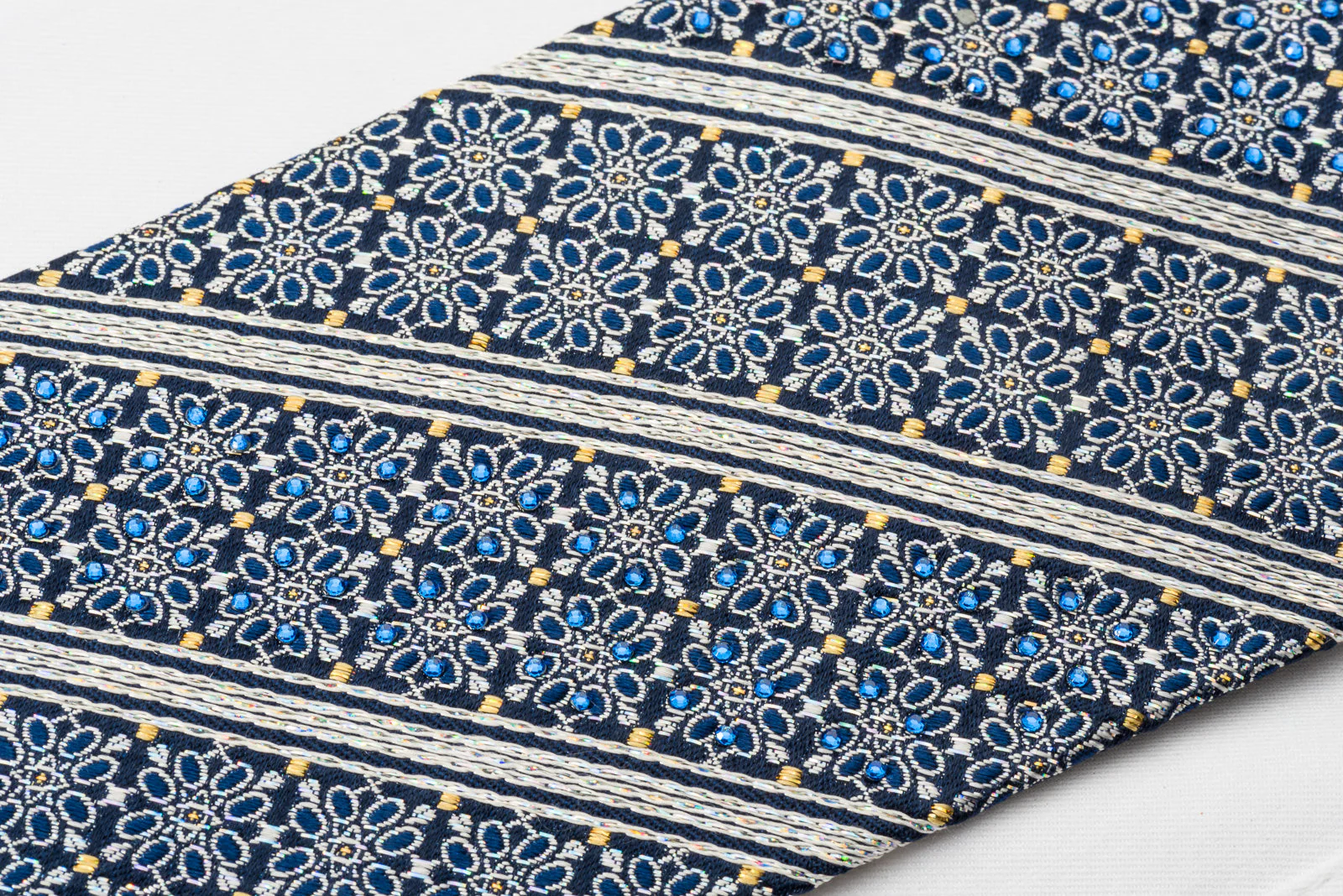Premierlux Silk Rhinestone Tie Silver Stripes & Floral On Navy Blue With Silver Sparkles - Image 6