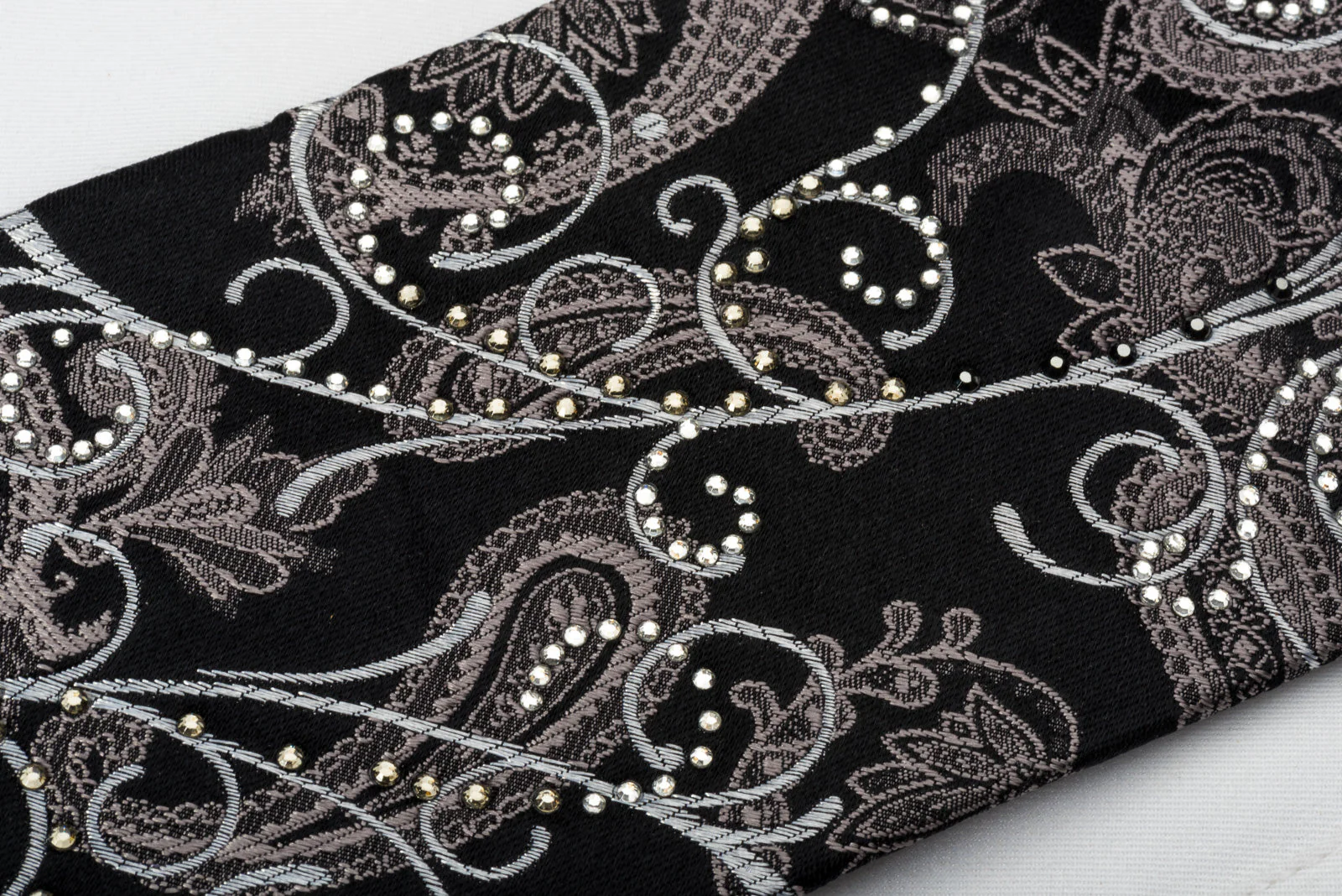 Premierlux Silk Tie Silver Paisley & Scrolls On Black Sparkling With Crystal Rhinestones - Image 5