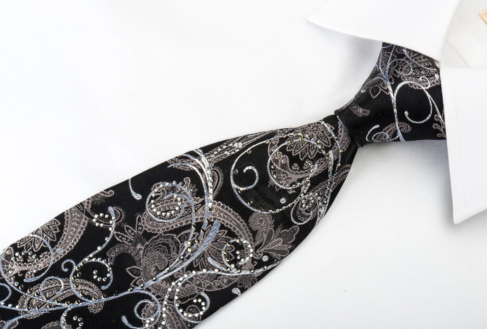 Premierlux Silk Tie Silver Paisley & Scrolls On Black Sparkling With Crystal Rhinestones - Image 8