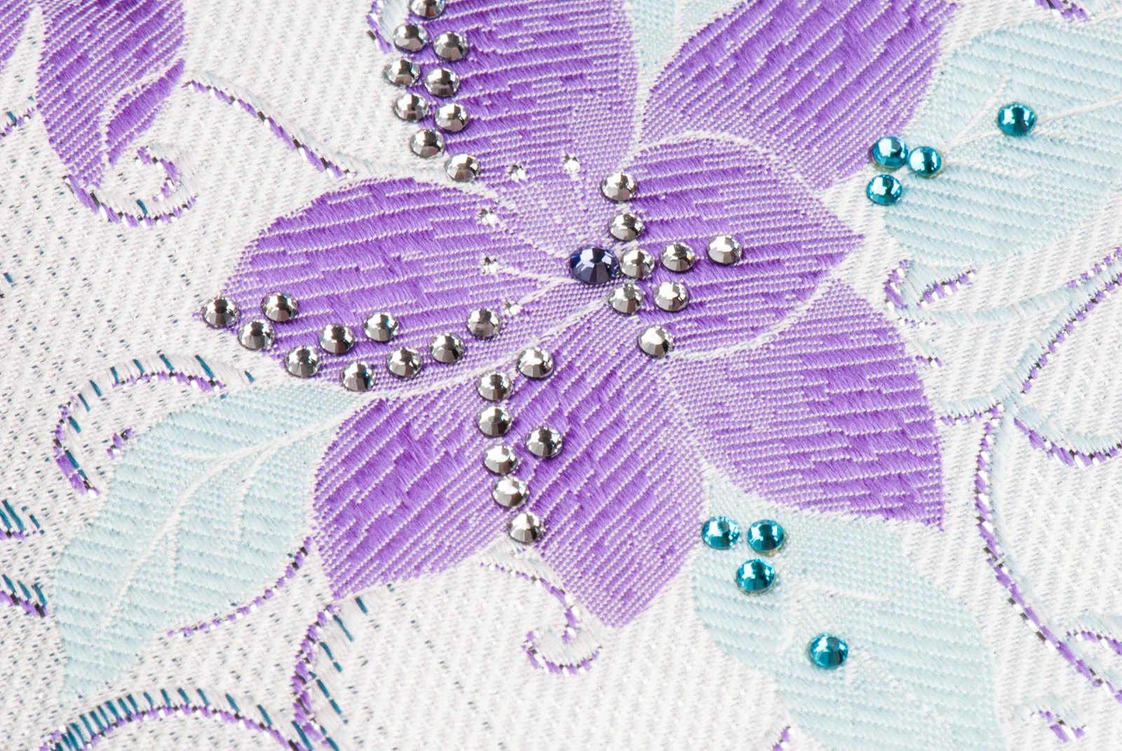 Premierlux Woven Silk Neck Tie Purple Turquise Floral On White With Rhinestones - Image 2