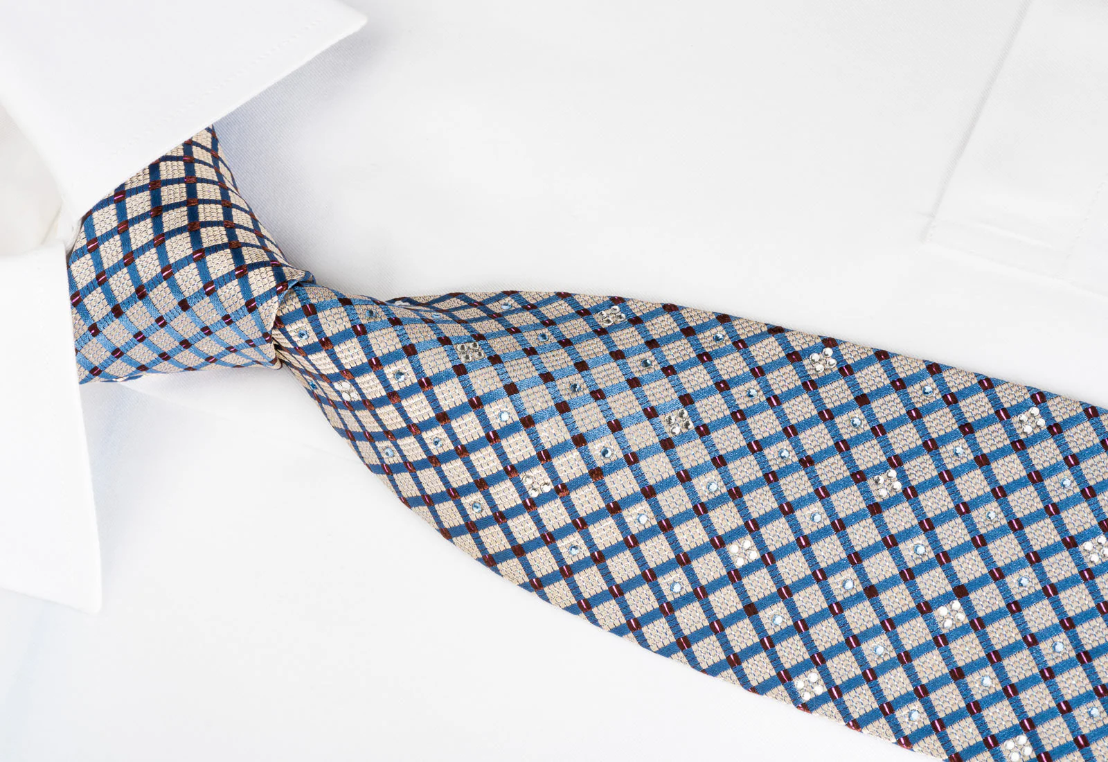Premium Royal Rhinestone Silk Necktie Gold Blue Checker With Purple Sparkles - Image 3