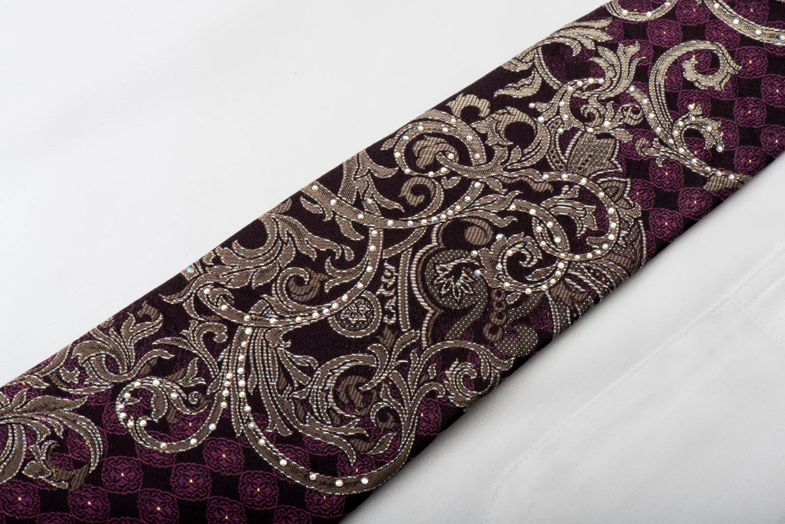 Premium Royal Rhinestone Silk Necktie Silver Vines On Purple With Silver Sparkles - Image 4