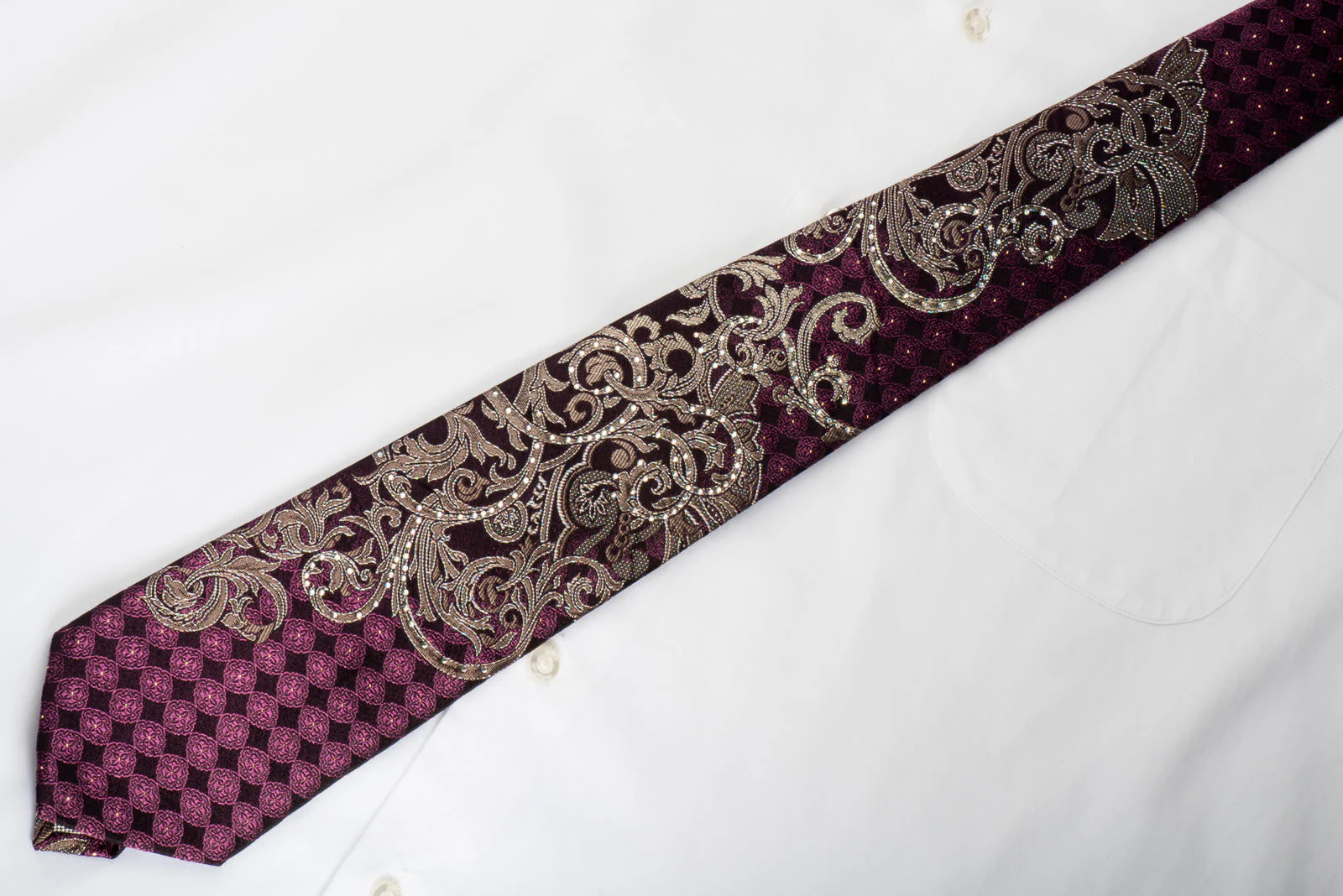 Premium Royal Rhinestone Silk Necktie Silver Vines On Purple With Silver Sparkles - Image 5
