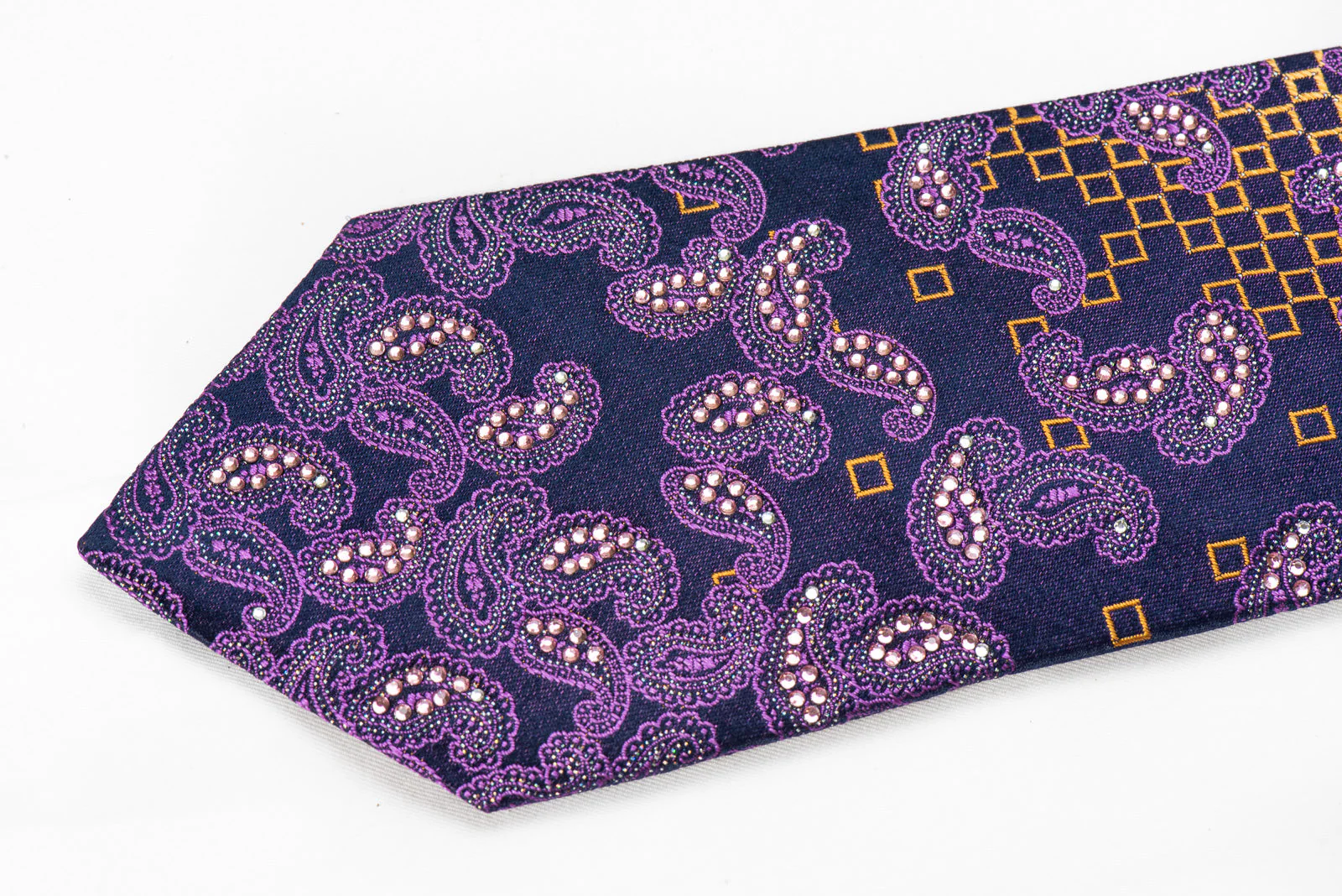 Purple Paisley Orange Checkered On Navy Rhinestone Tie With Sparkles - Image 3