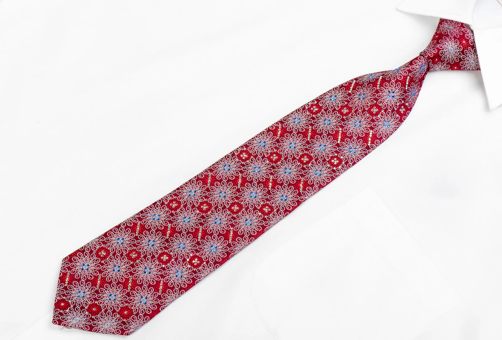 Premium Royal Rhinestone Tie Silver Geometric Medallions On Red With Sparkles - Image 3