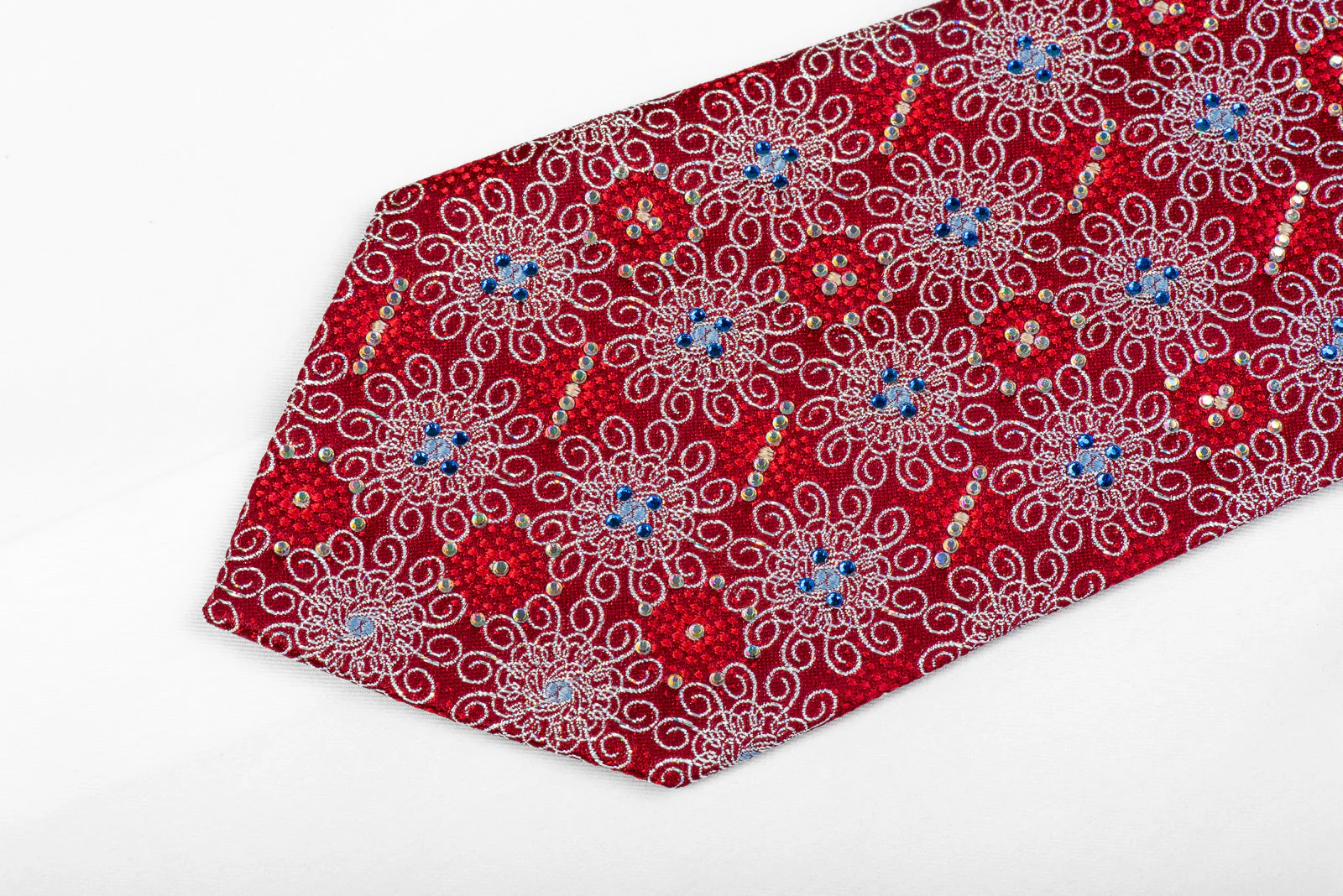 Premium Royal Rhinestone Tie Silver Geometric Medallions On Red With Sparkles - Image 4