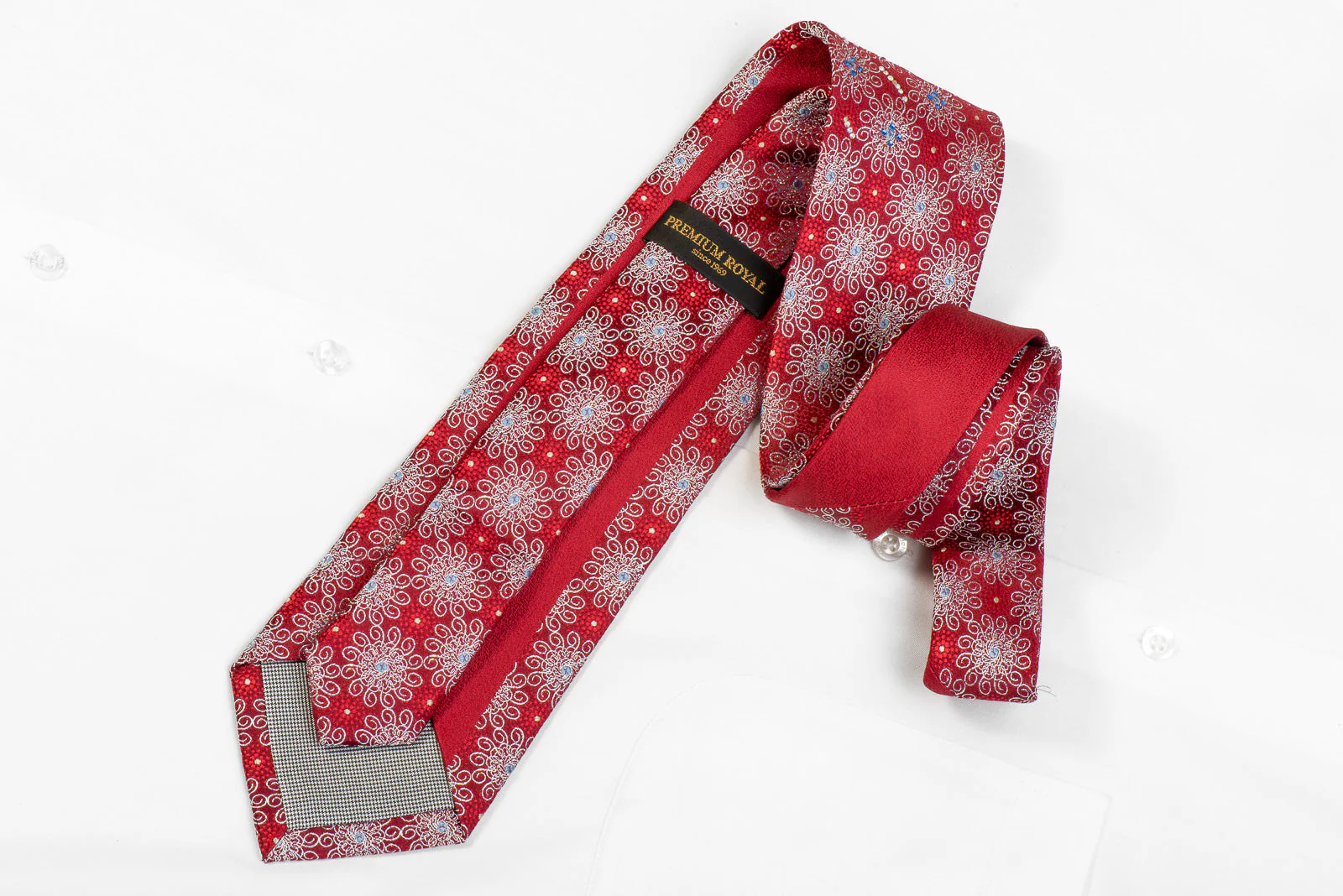 Premium Royal Rhinestone Tie Silver Geometric Medallions On Red With Sparkles - Image 5