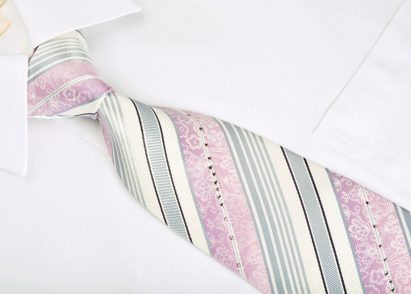 Premium Royal Silk Necktie Pink Silver Stripes On White With Rhinestones - Image 5