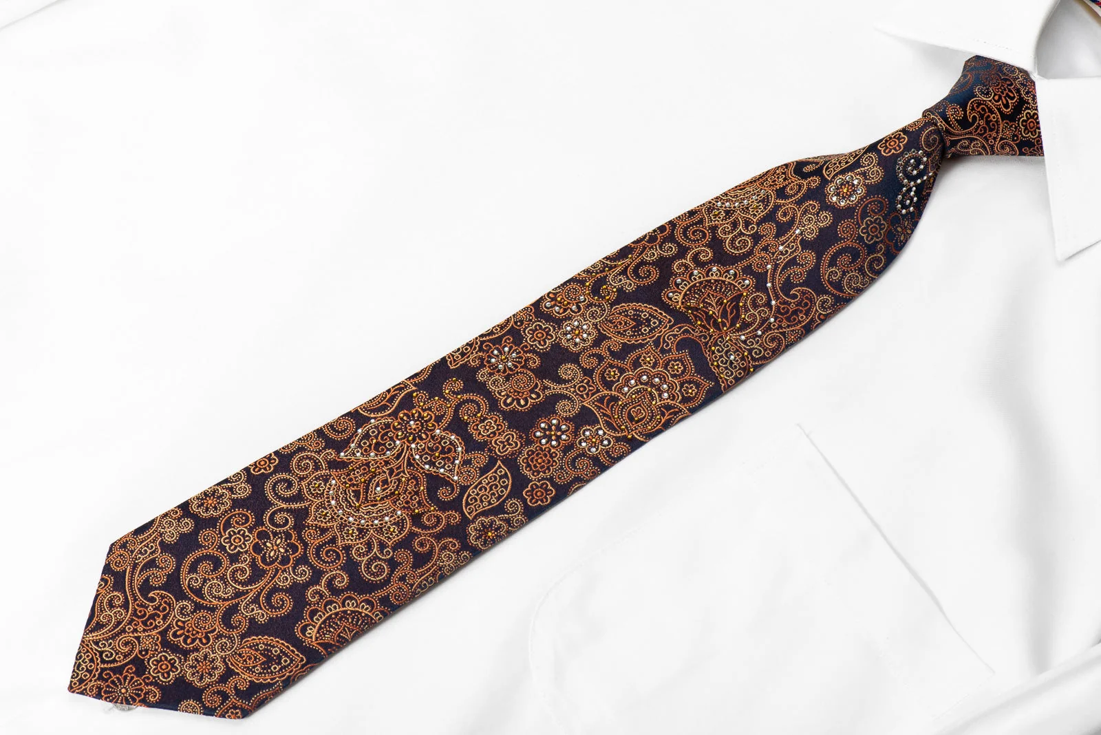 Principio Men's Crystal Rhinestone Tie Orange Anthemion On Navy Silk - Image 2