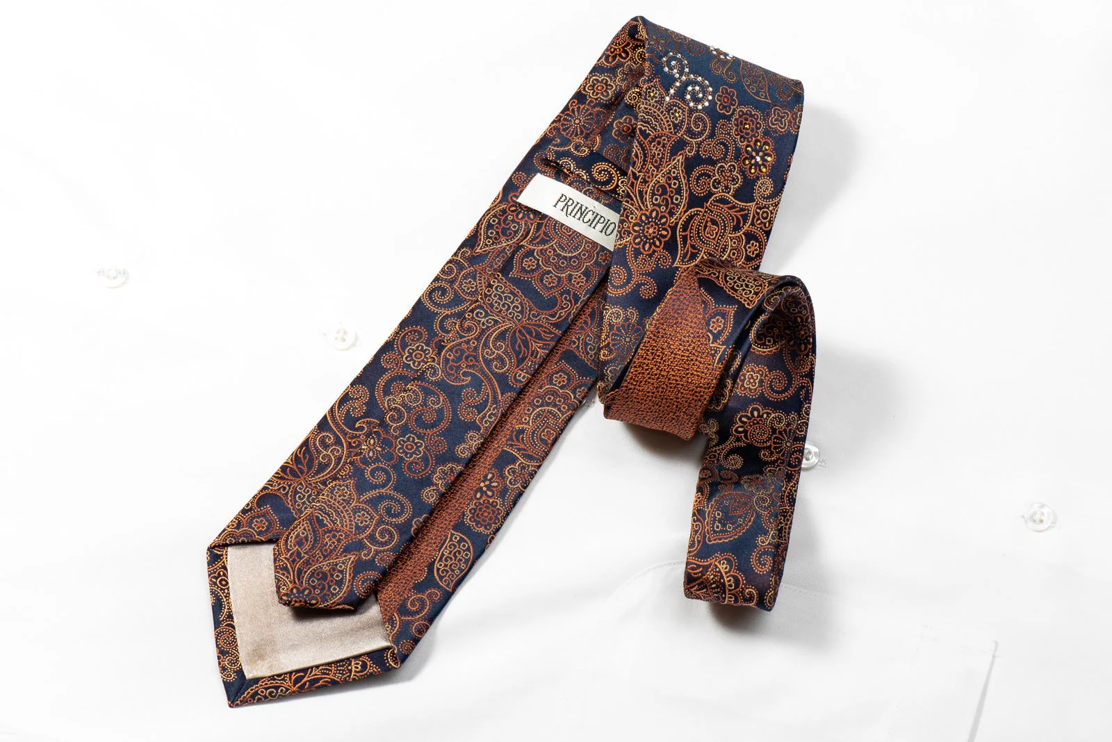 Principio Men's Crystal Rhinestone Tie Orange Anthemion On Navy Silk - Image 4