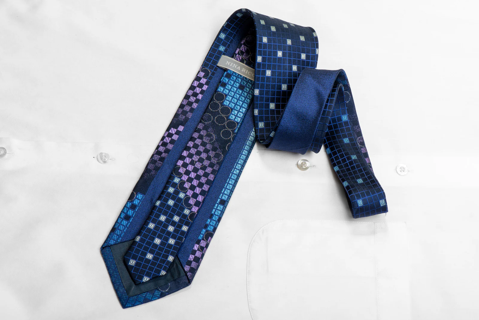 Purple Blue Geometric On Navy Rhinestone Necktie With Sparkles - Image 4