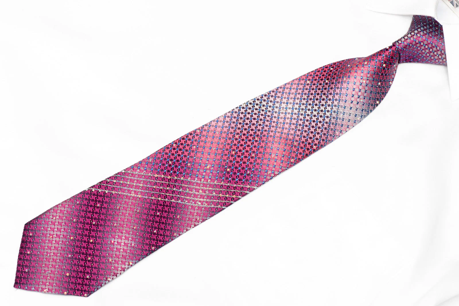 Purple Blue Geometric On Silver Rhinestone Silk Necktie With Silver Sparkles - Image 2