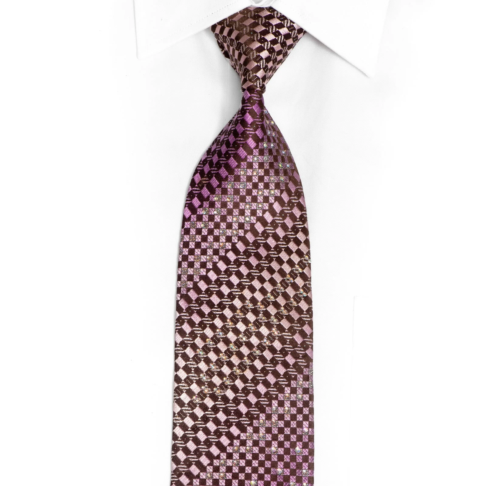 Purple Checkered On Brown Rhinestone Silk Tie With Silver Sparkles