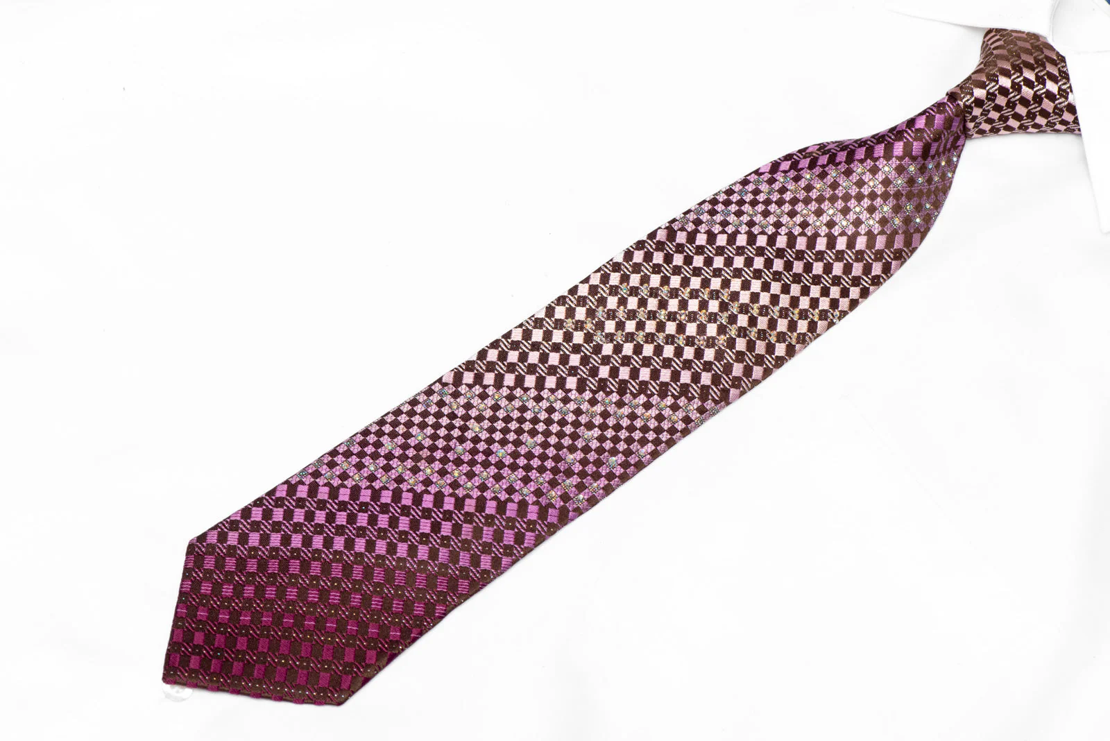 Purple Checkered On Brown Rhinestone Silk Tie With Silver Sparkles - Image 2