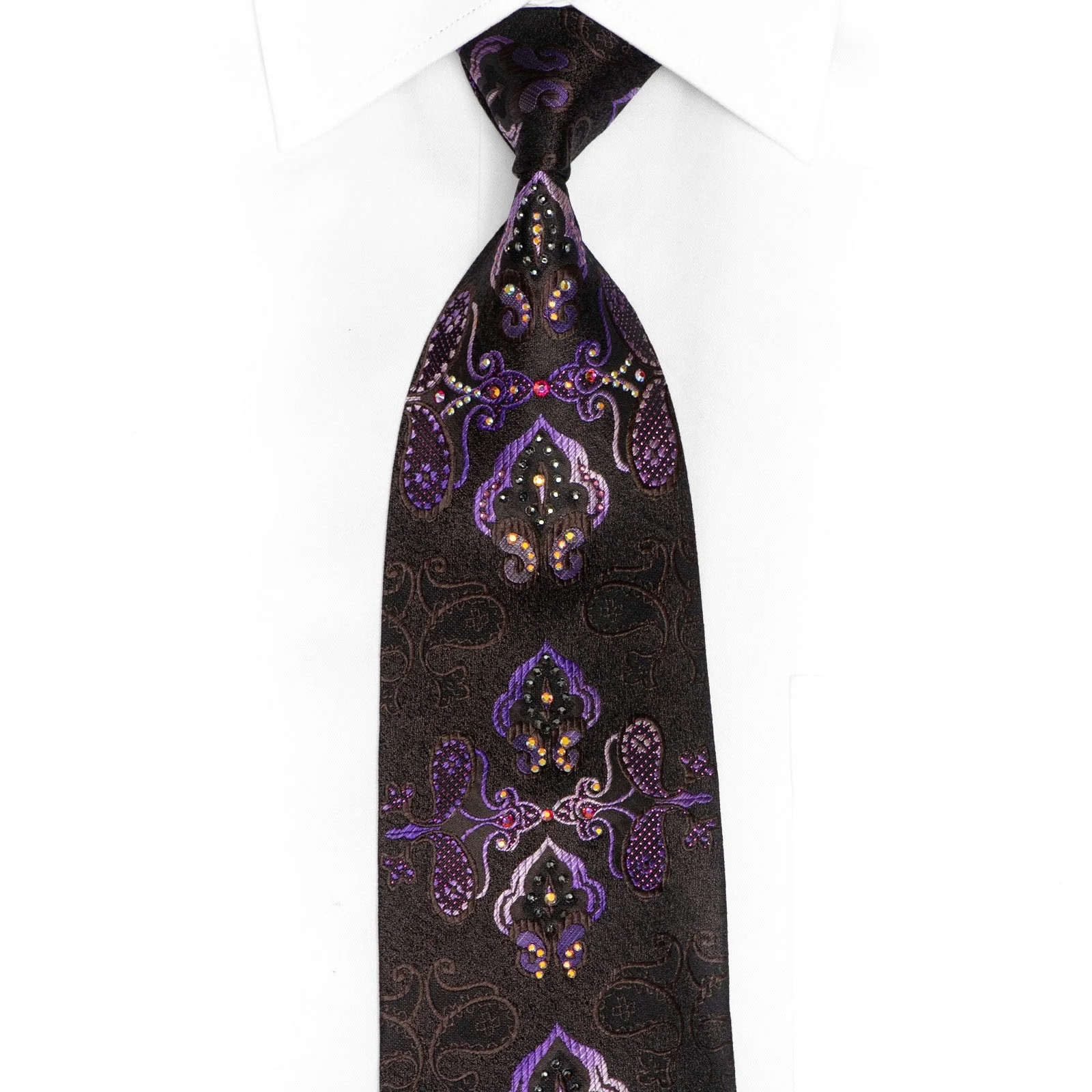 Purple Damask On Black Rhinestone Silk Tie With Purple Sparkles