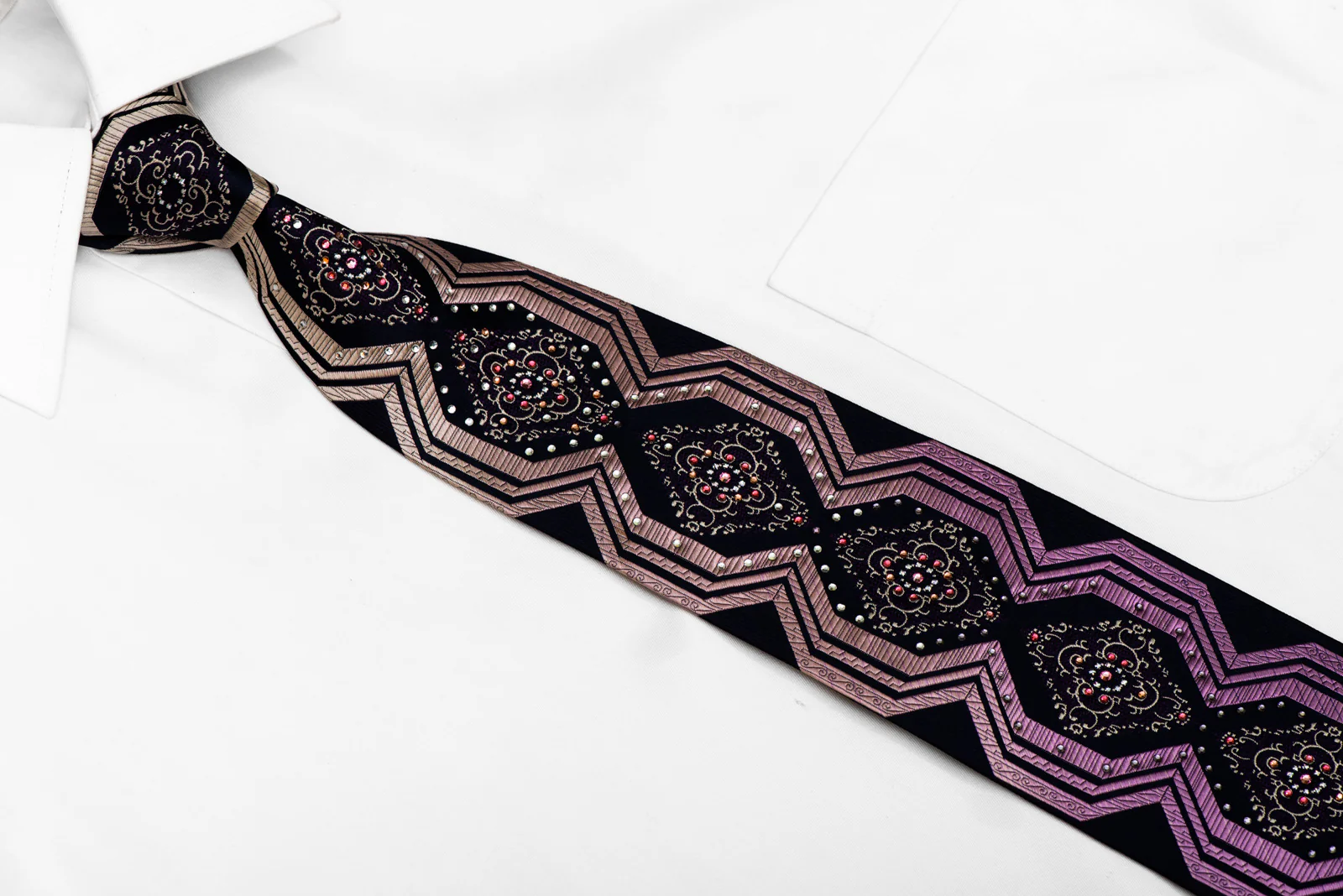 Purple Geometric & Cartouche On Navy Rhinestone Silk Necktie With Silver Sparkles - Image 2