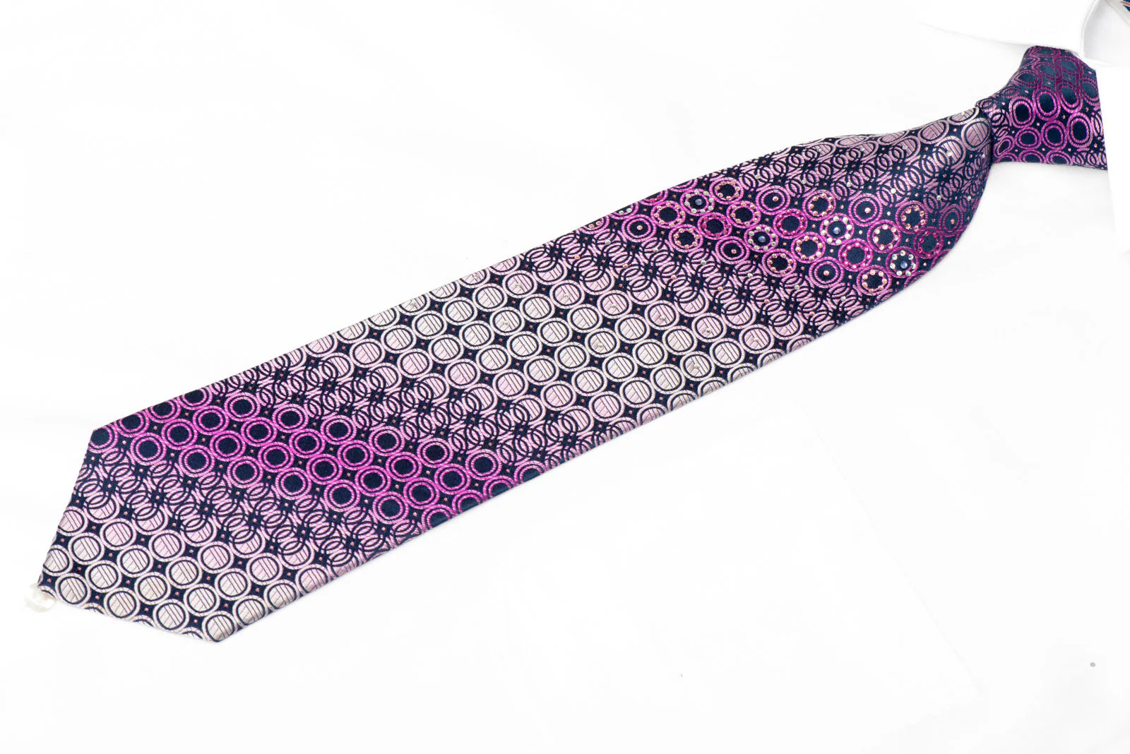 Purple Geometric Circles On Navy Blue Rhinestone Silk Tie With Sparkles - Image 2