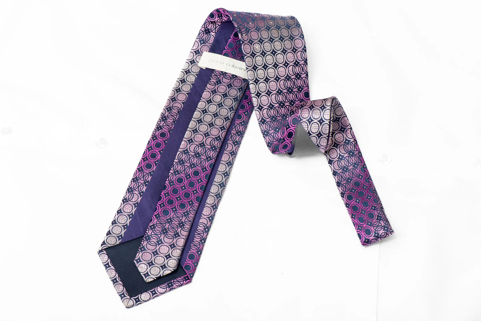 Purple Geometric Circles On Navy Blue Rhinestone Silk Tie With Sparkles - Image 3