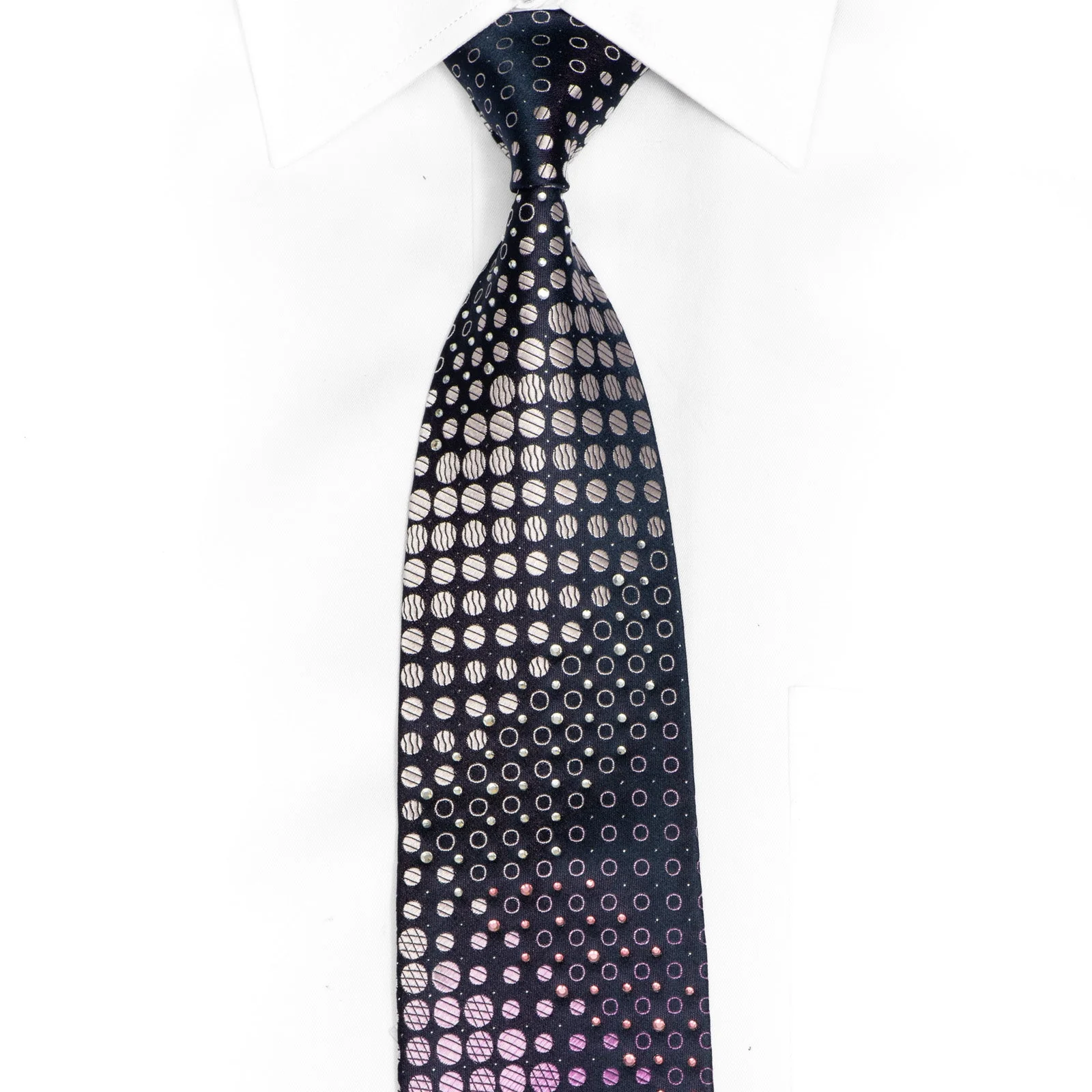Purple Geometric On Navy Rhinestone Silk Necktie With Silver Sparkles