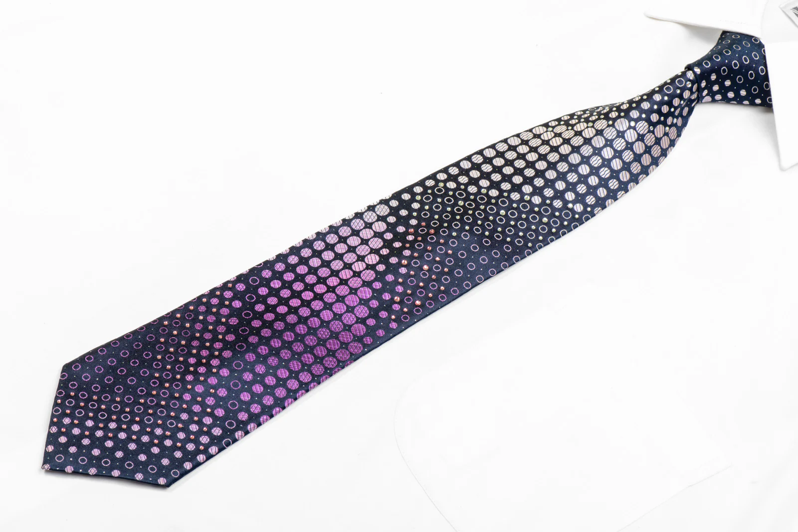 Purple Geometric On Navy Rhinestone Silk Necktie With Silver Sparkles - Image 3
