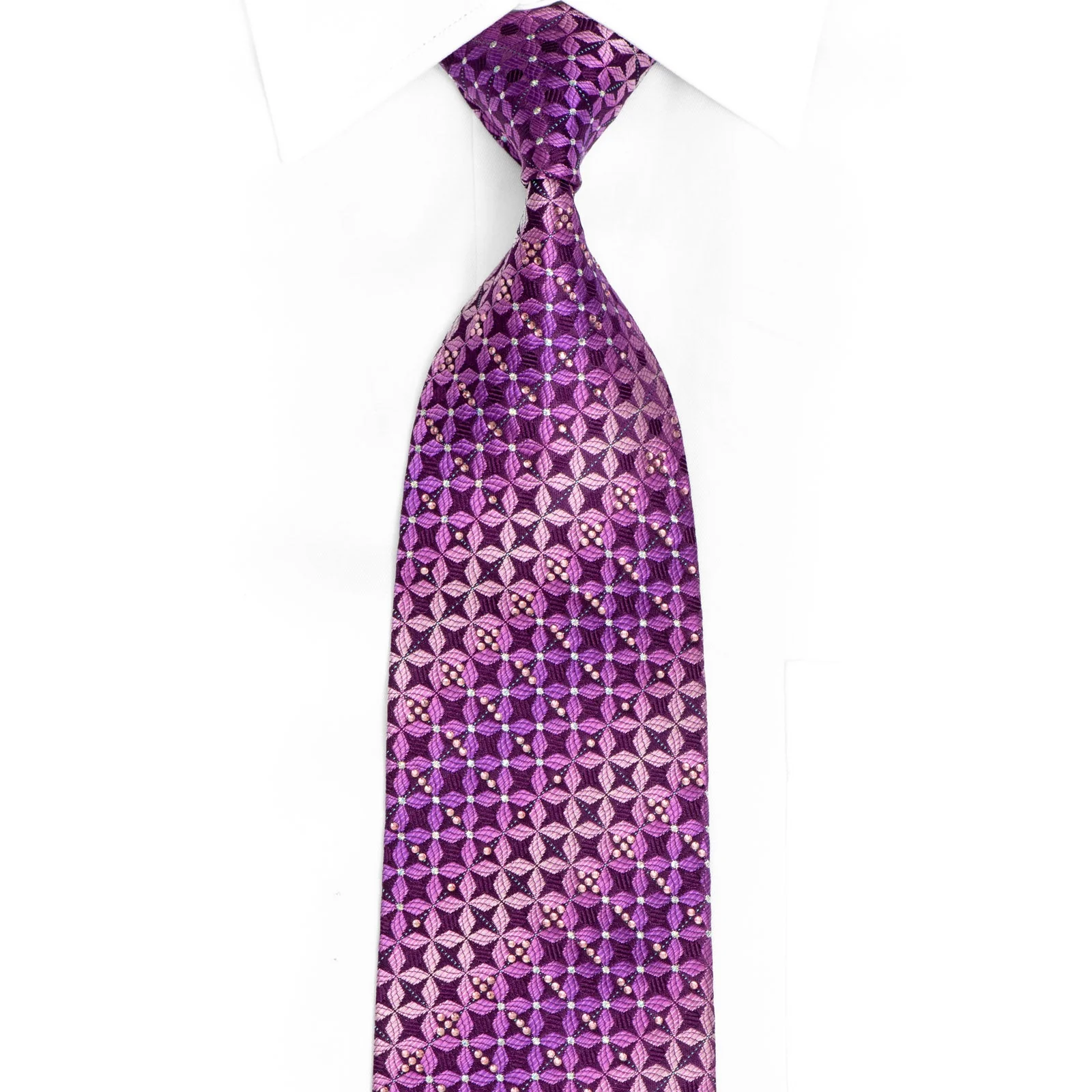Purple Geometric Rhinestone Silk Necktie With Sparkles