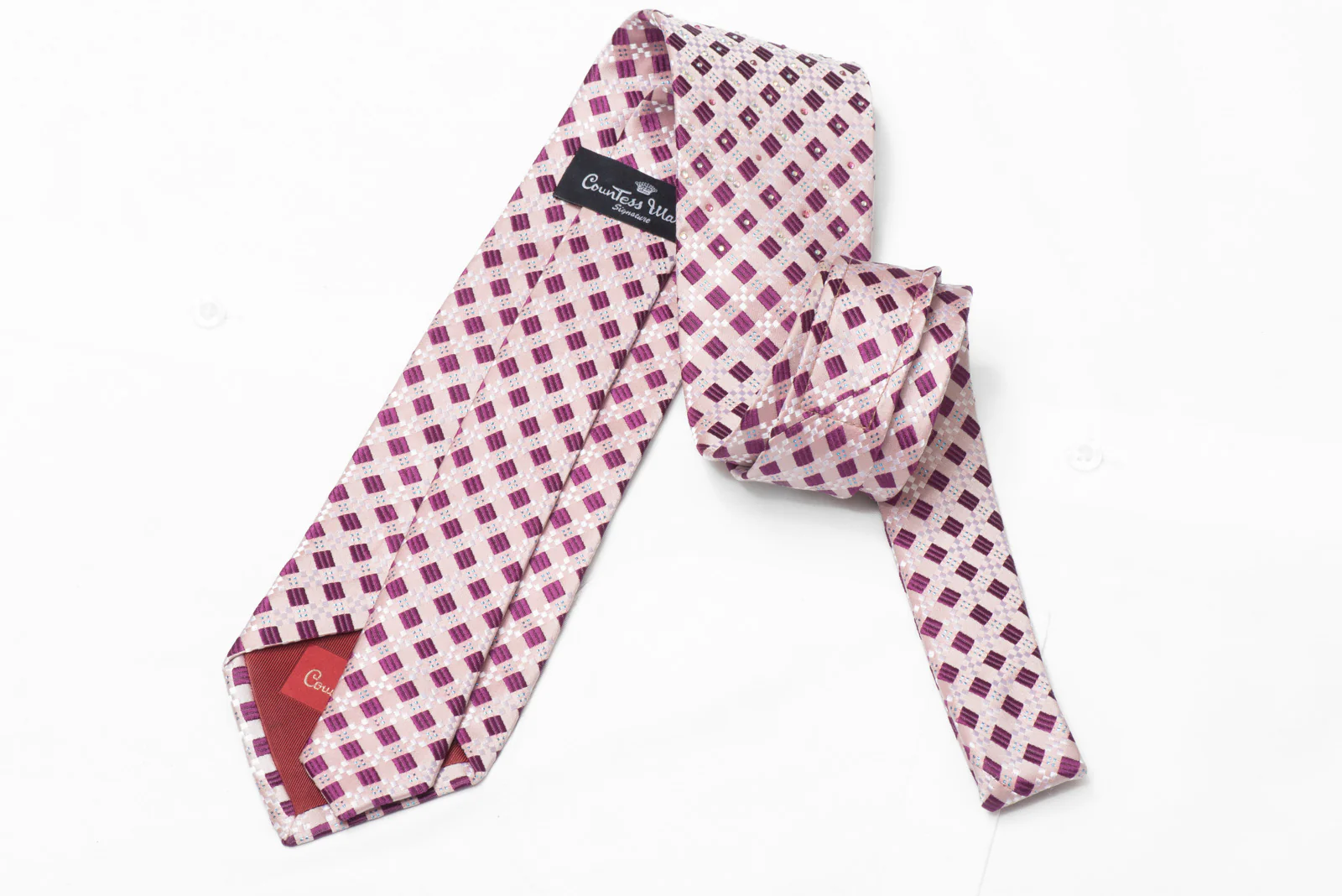 Purple Geometric On Pink Rhinestone Silk Necktie With Blue Sparkles - Image 3