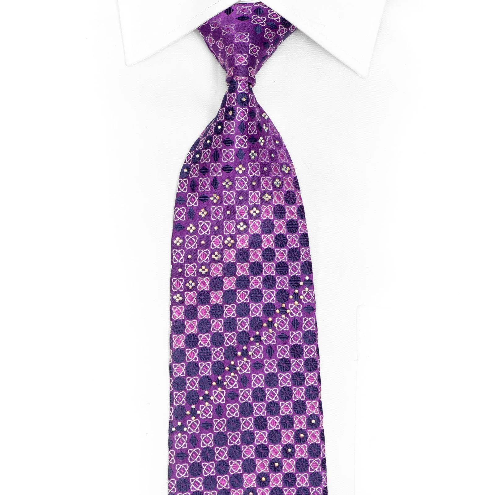 Purple Geometric Rhinestone Silk Necktie With Silver Sparkles