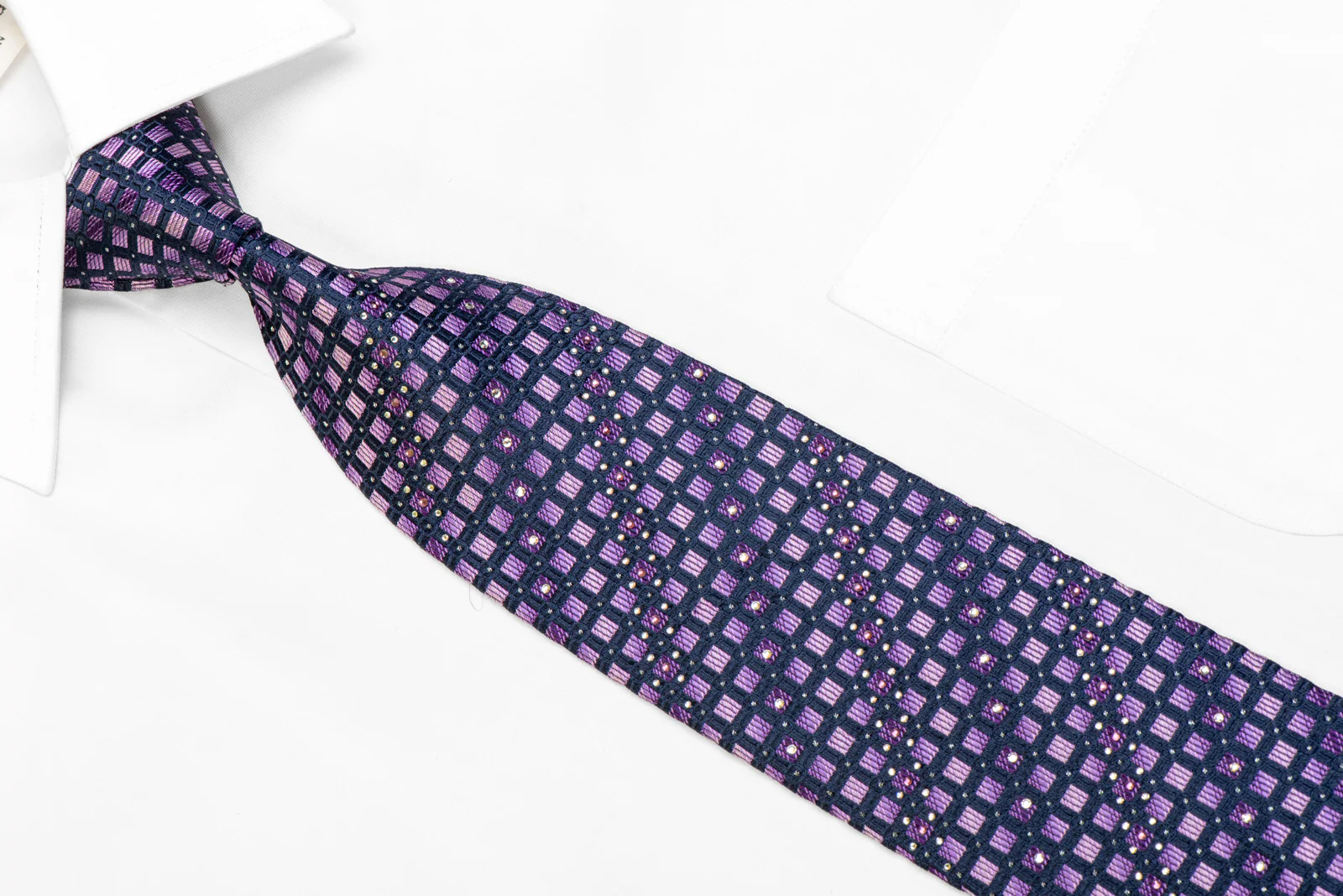 Purple Geometric Squares On Navy Blue Rhinestone Silk Necktie With Sparkles - Image 2